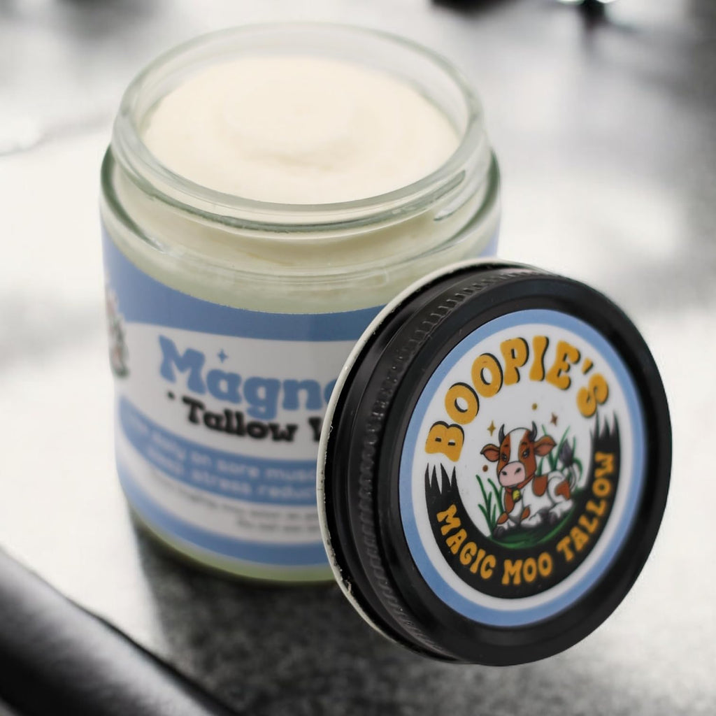 Magic Moo Magnesium Whipped Tallow Skincare for sore muscles, sleep, muscle and period cramps, stress, relaxation & more. Topical magnesium that works. Boopie's Magic Moo Tallow Au supplements