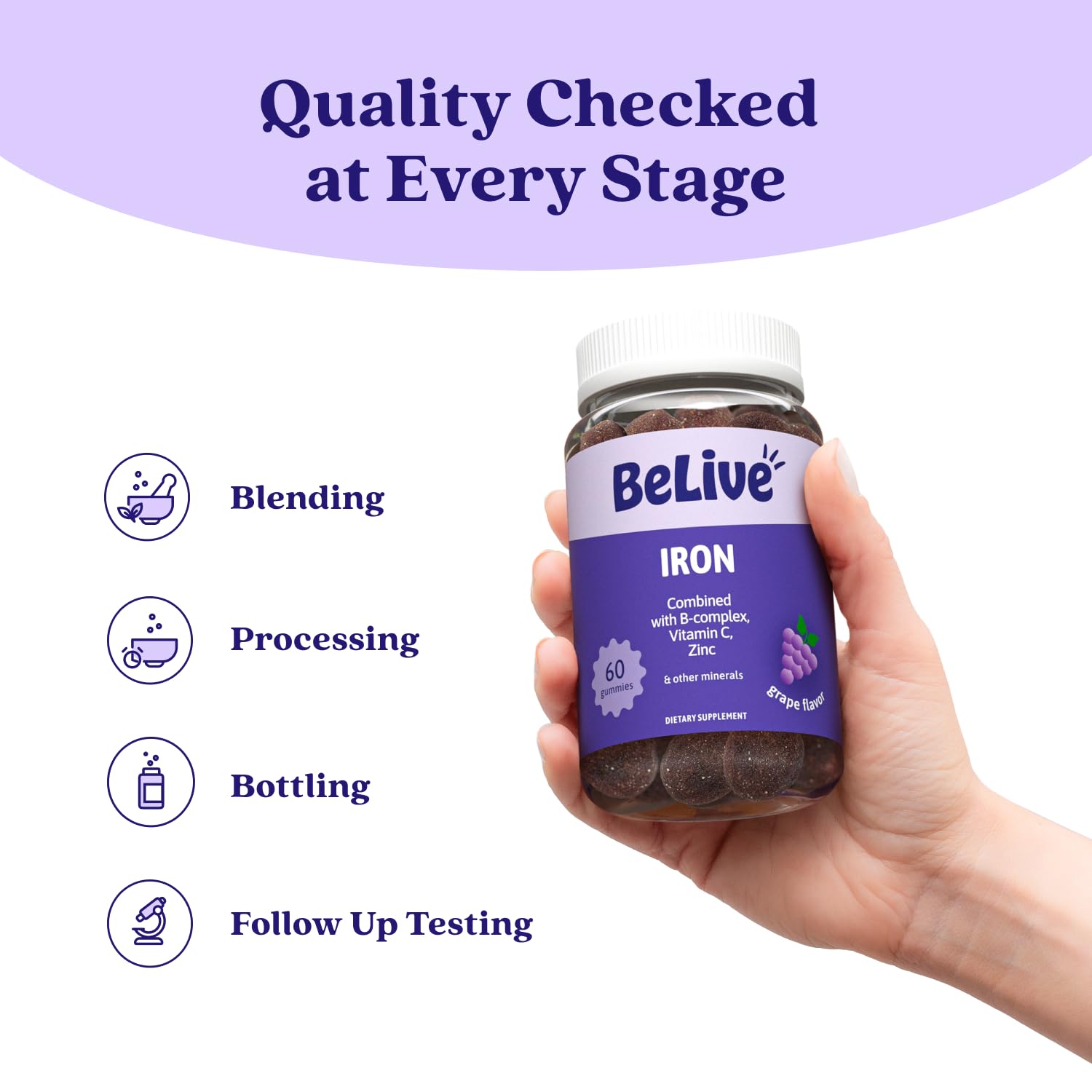 BeLive Iron Gummies - Multivitamin Supplement with Vitamin C, A, B & Zinc, Supports Blood Oxygen, Vegan Iron Supplements for Women, Men & Kids