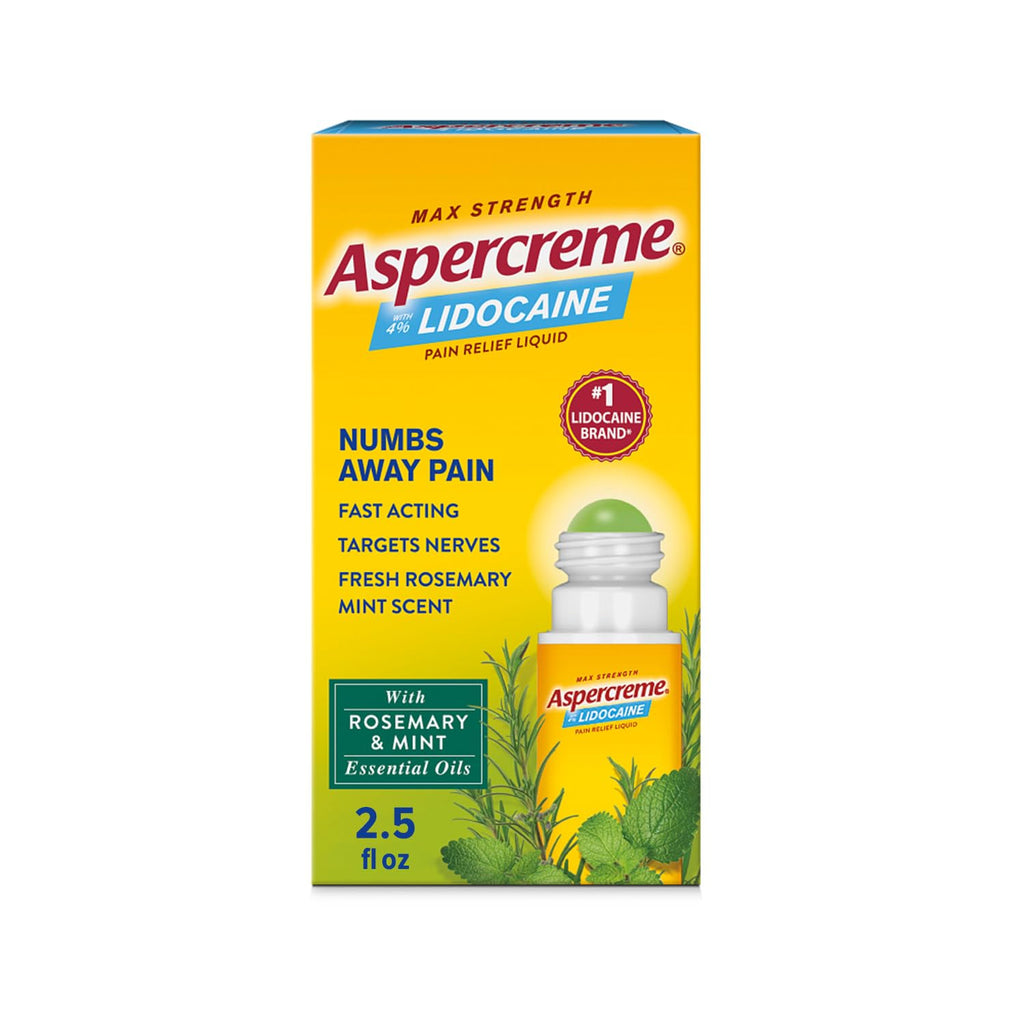 Aspercreme Essential Oils Lidocaine Pain Relief with No-Mess Roll-On Applicator, Max-Strength Lidocaine Numbs Away Nerve Pain, Moisturizing Aloe Hydrates Skin, Rosemary & Mint, 2.5 Oz. Aspercreme Au supplements