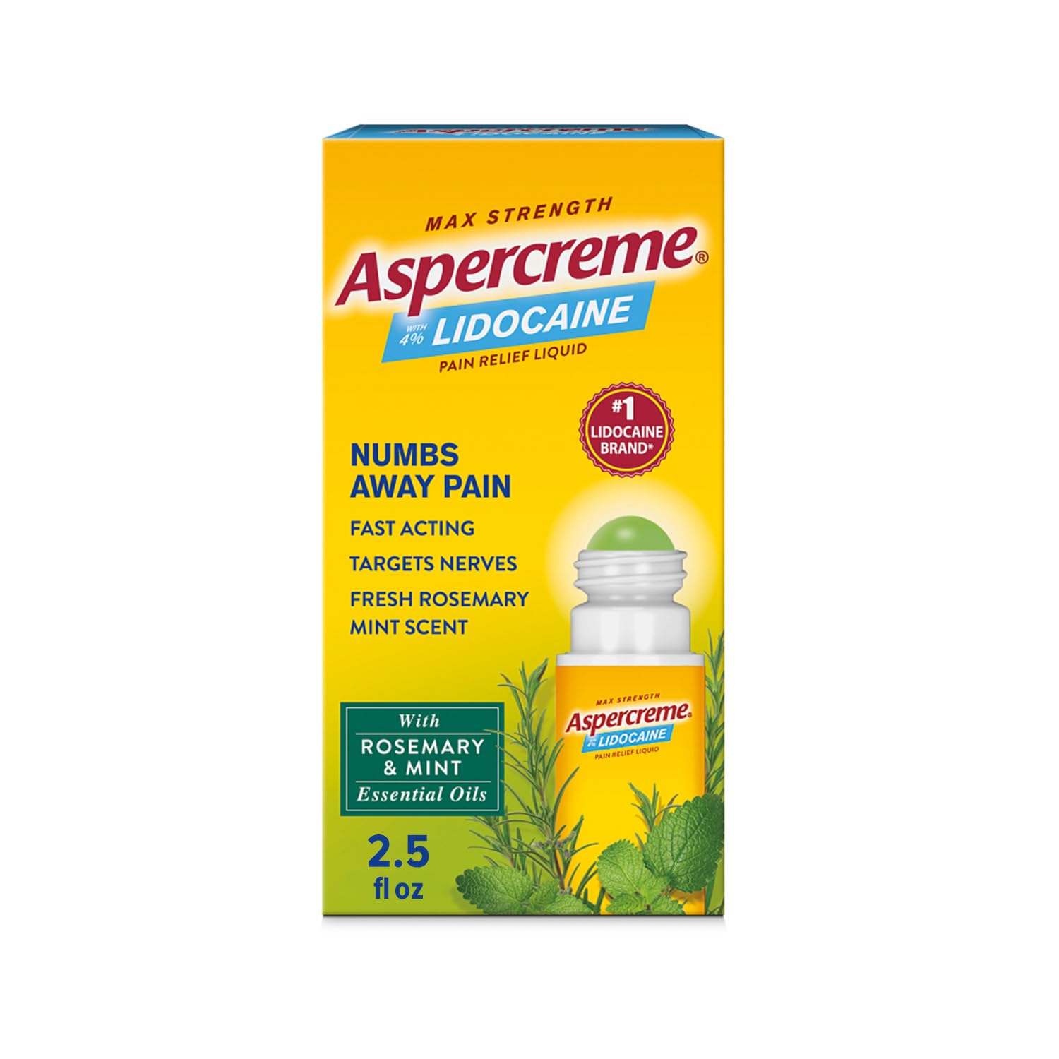 Aspercreme Essential Oils Lidocaine Pain Relief with No-Mess Roll-On Applicator, Max-Strength Lidocaine Numbs Away Nerve Pain, Moisturizing Aloe Hydrates Skin, Rosemary & Mint, 2.5 Oz. Aspercreme Au supplements