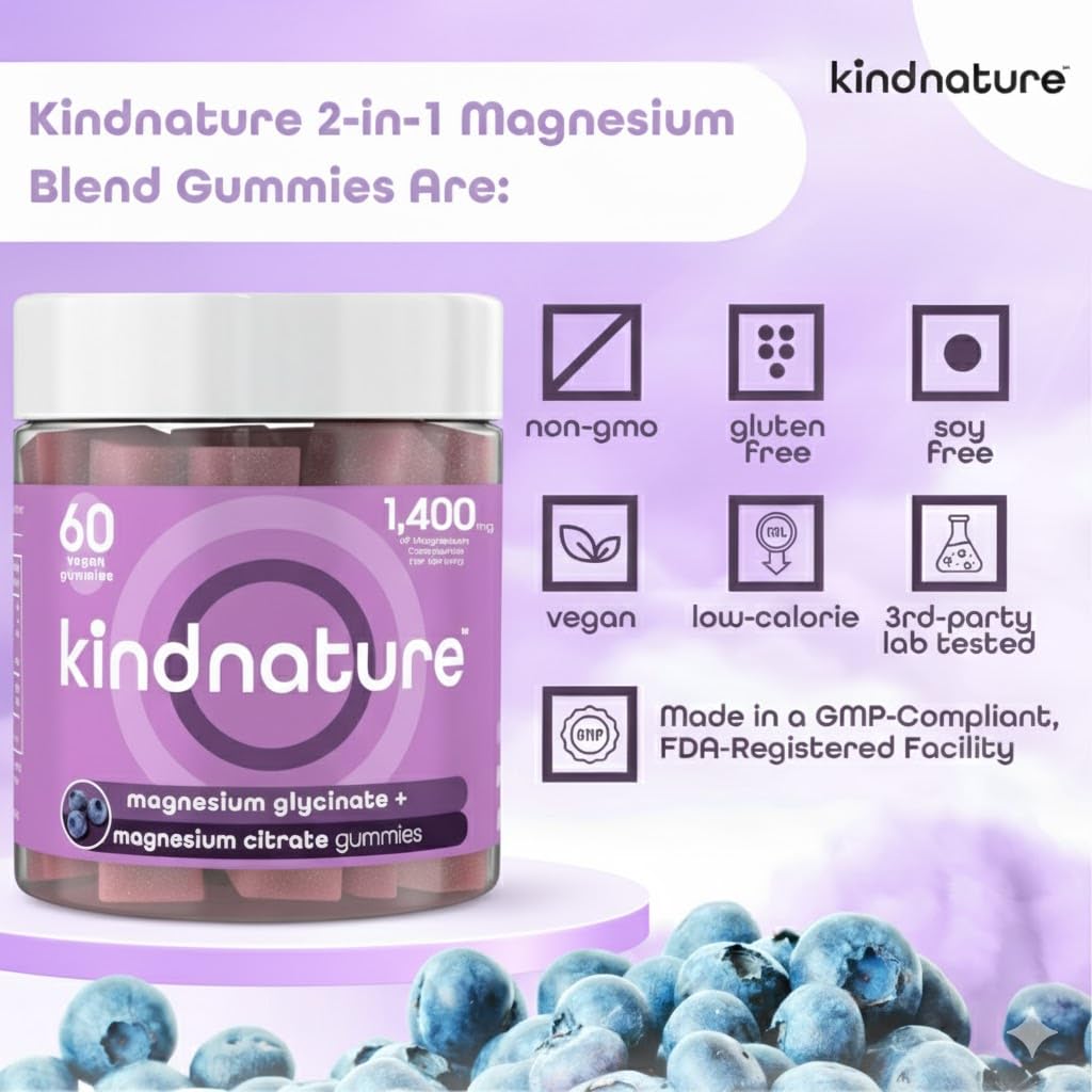 kindnature Magnesium Glycinate & Citrate Gummies – Calm Magnesium Complex for Sleep, Stress, Cramps & Digestion – Chewable Vegan Magnesium