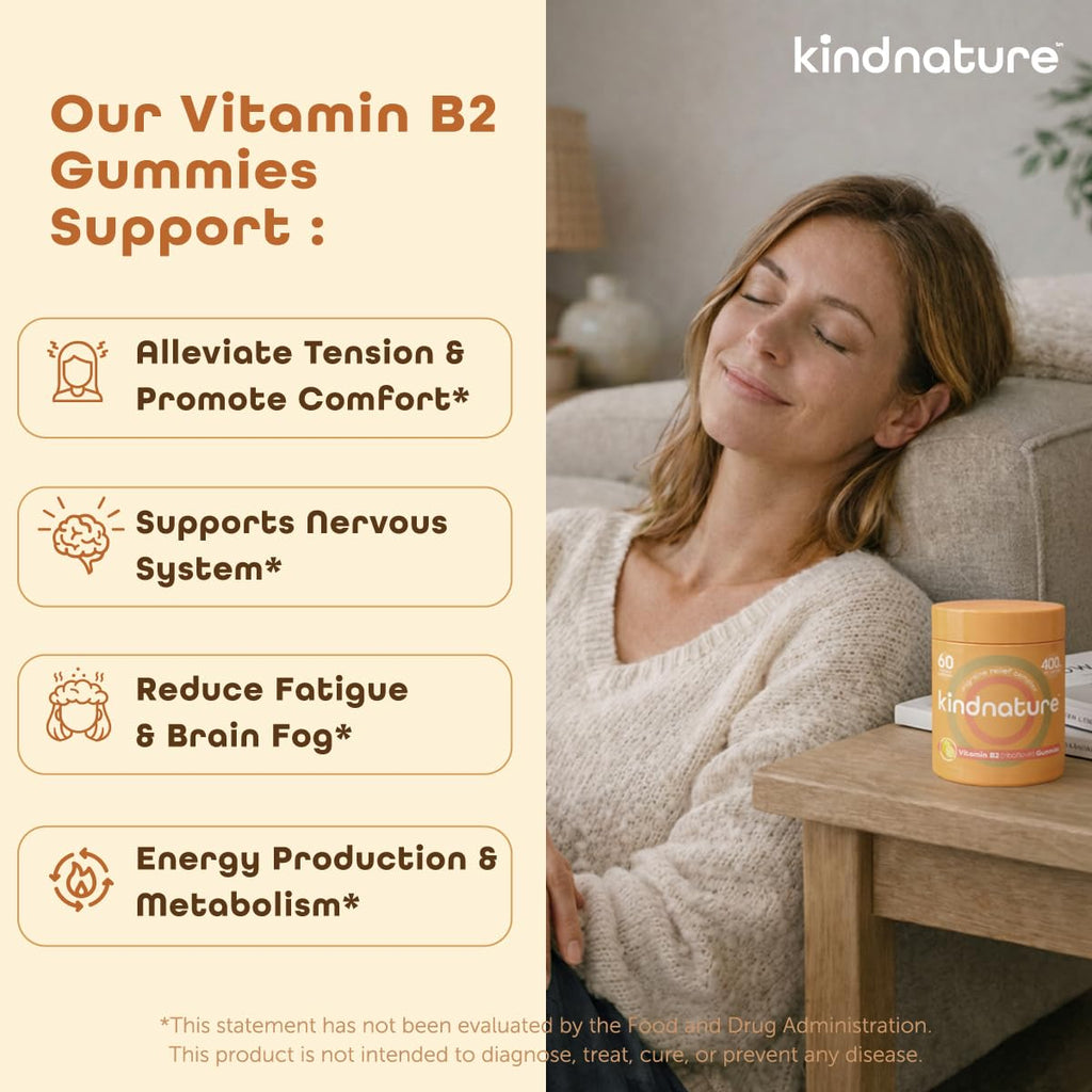 kindnature Vitamin B2 Gummies - Riboflavin 400mg Supplement for Kids & Adults - Non-GMO, Soy & Gluten-Free
