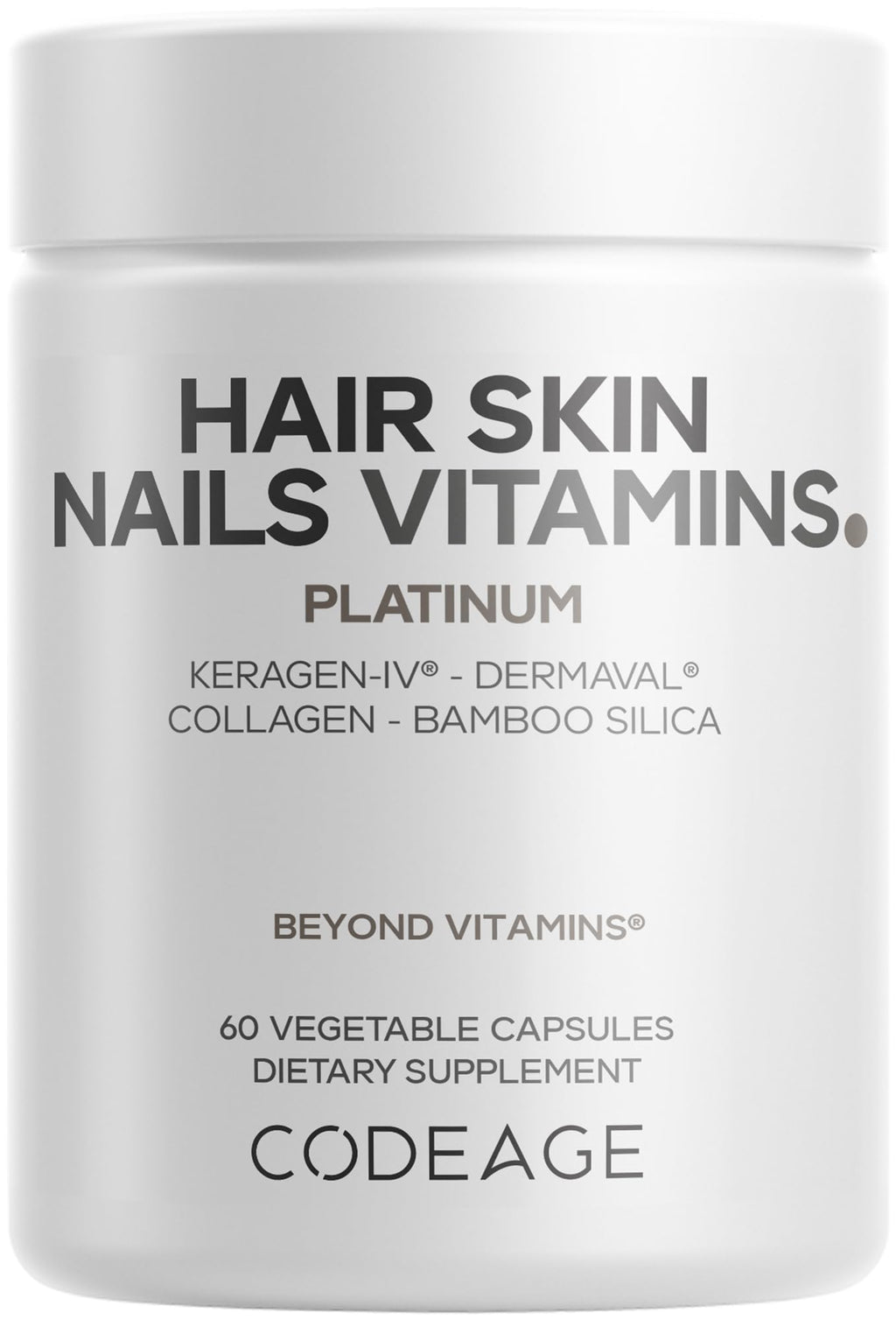 Codeage Hair Skin Nails Vitamins Platinum - KeraGEN-IV Keratin, Dermaval - Hair Fall, Skin Elasticity & Moisture Support - Biotin 5000, Collagen, Vitamin C, Coffeeberry, PABA Supplement - 60 Capsules Codeage Au supplements