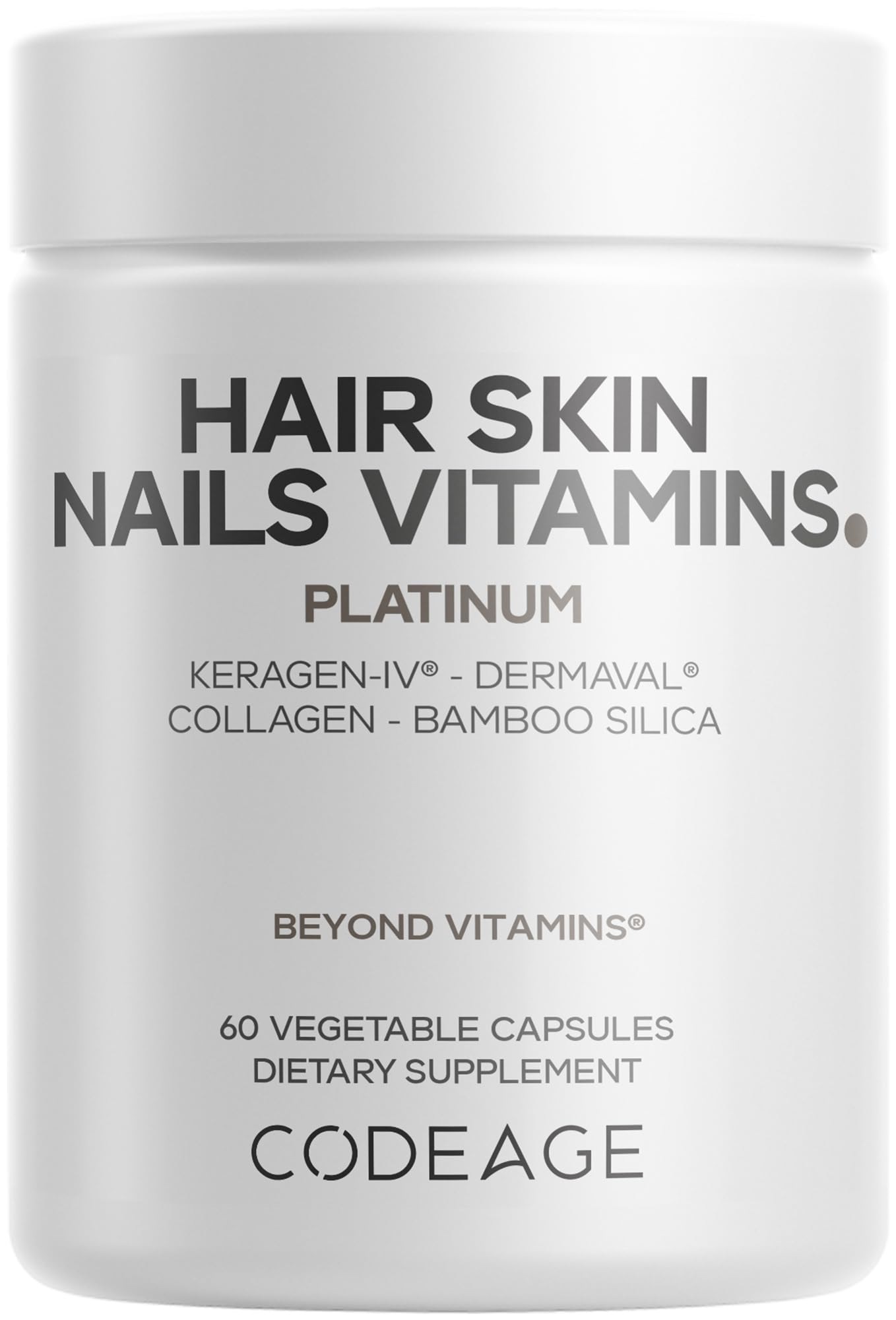 Codeage Hair Skin Nails Vitamins Platinum - KeraGEN-IV Keratin, Dermaval - Hair Fall, Skin Elasticity & Moisture Support - Biotin 5000, Collagen, Vitamin C, Coffeeberry, PABA Supplement - 60 Capsules Codeage Au supplements
