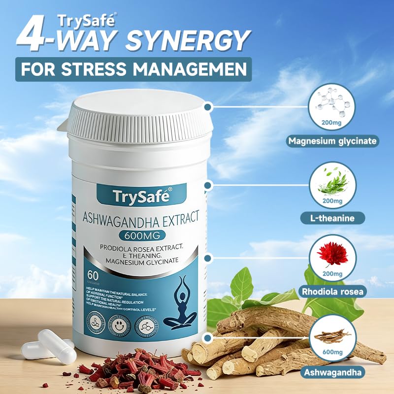 TrySafe 1100MG Cortisol Supplements for Women and Man with 600MG Ashwagandha, 200MG Rhodiola Rosea, 200MG L-Theanine, 100MG Magnesium Glycinate | for Healthy Stress Response*, Mood* TrySafe Au supplements