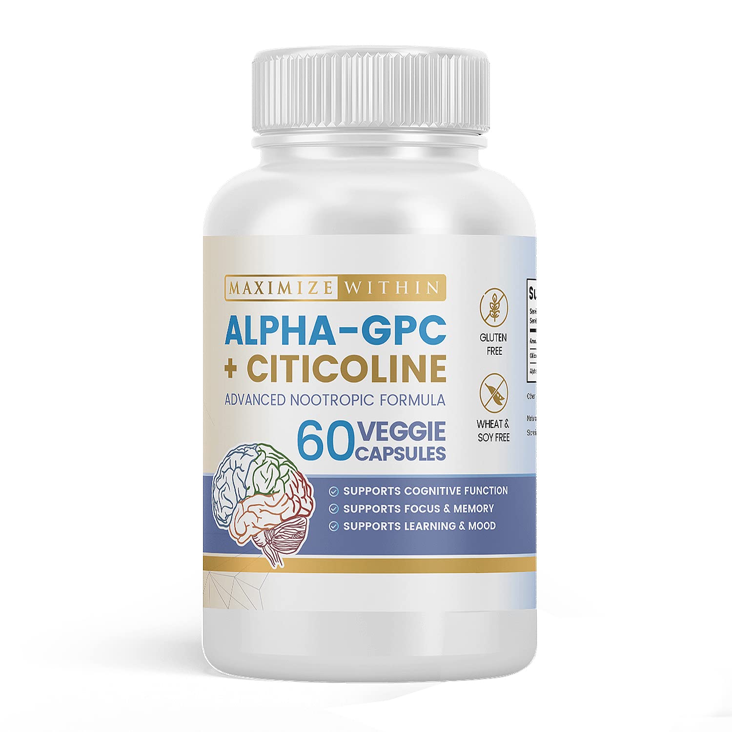 Maximize Within Alpha GPC + Citicoline 60 Ct, 1600mg Concentrated Formula- 99%+Highly Purified & Bioavailable Nootropic-Cognitive Enhancer, Supports Memory, Brain Function, Boosts Focus, Mood & Energy Maximize Within Au supplements