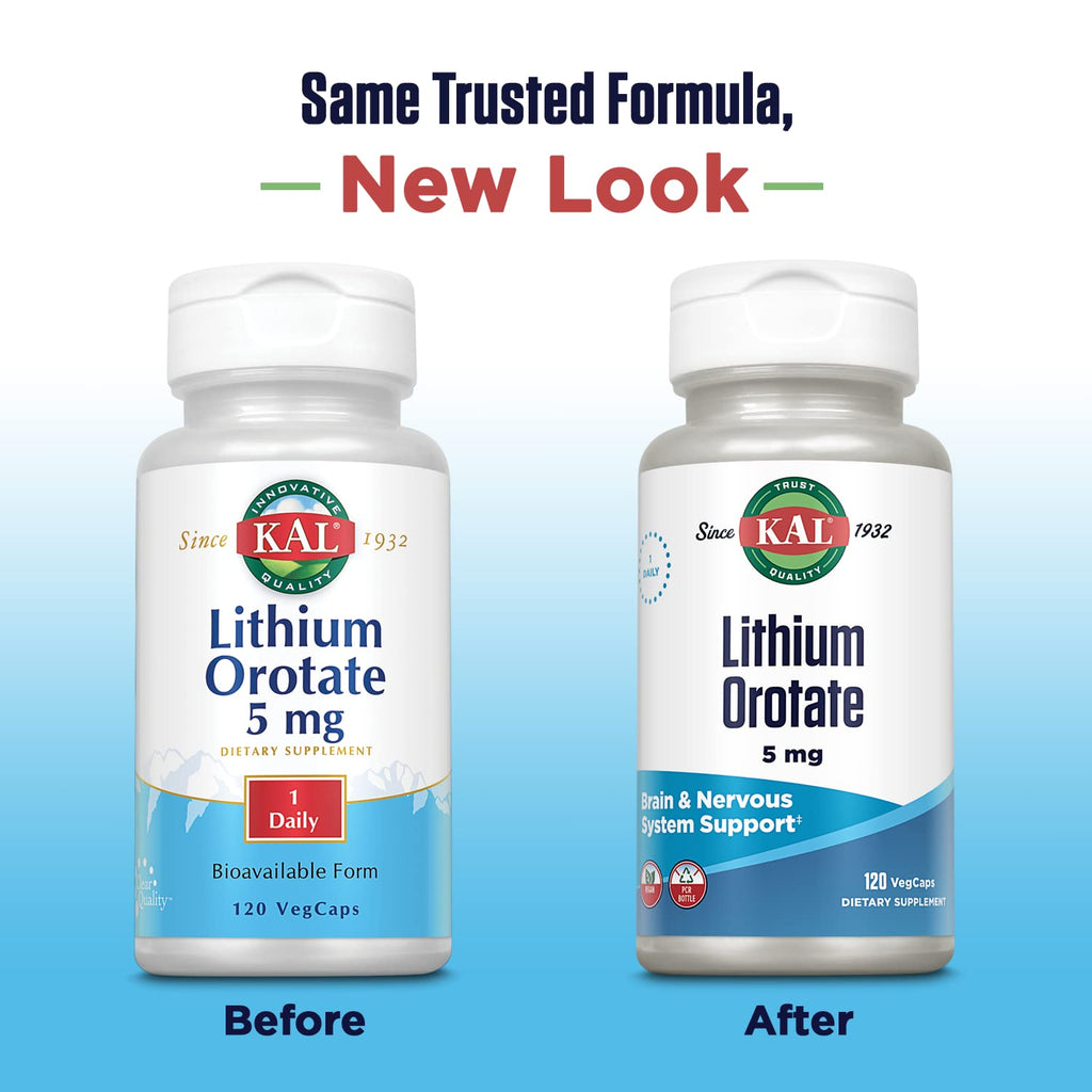 KAL Lithium Orotate 5 milligrams | Low Serving Of Chelated Lithium Orotate For Bioavailability and Mood Support | In Organic Rice Bran Extract Base | 120 VegCaps