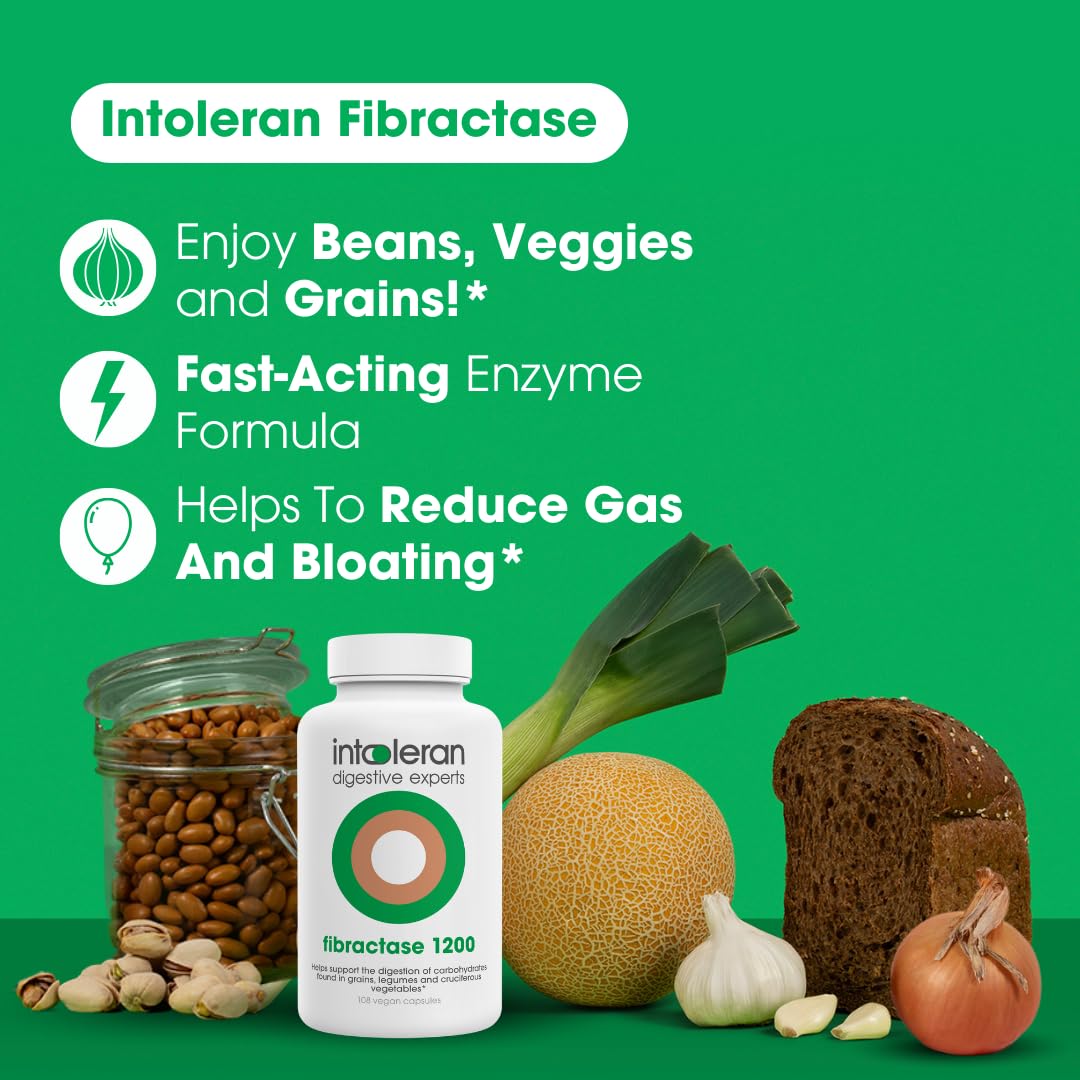 Intoleran Fibractase 1200 Digestive Enzymes - 108 Capsules | Supplement for Fructans & Galactans Intolerance | Helps Digest Carbohydrates; Grains, Legumes
