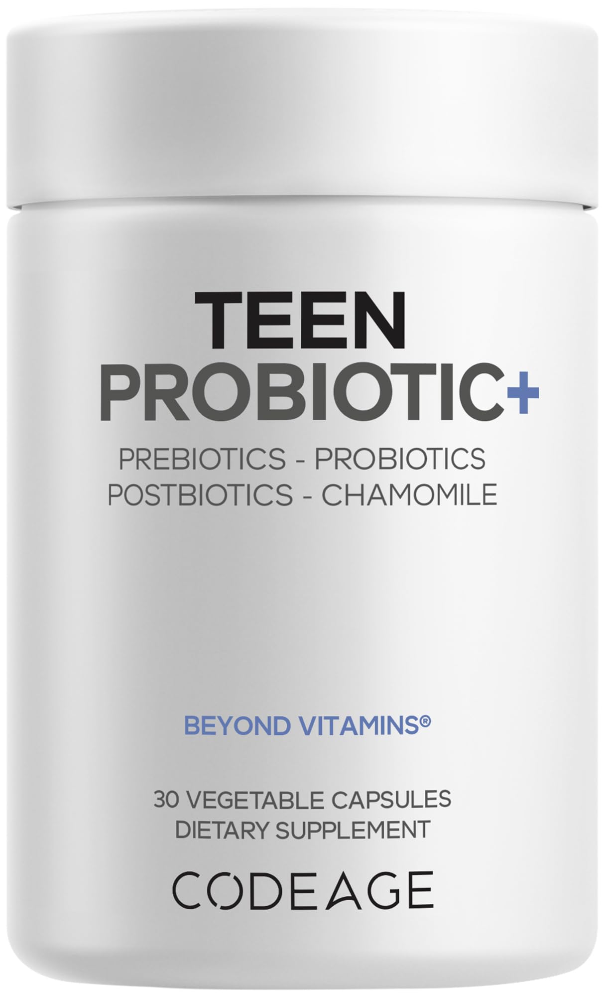 Codeage Teen Probiotic+ Supplement - 25 Billion CFU Probiotic Blend with Prebiotics, Postbiotics & Chamomile - Gut & Digestion Support for Teens and Teenagers 12 & Up - Non-GMO- 30 Capsules Codeage Au supplements