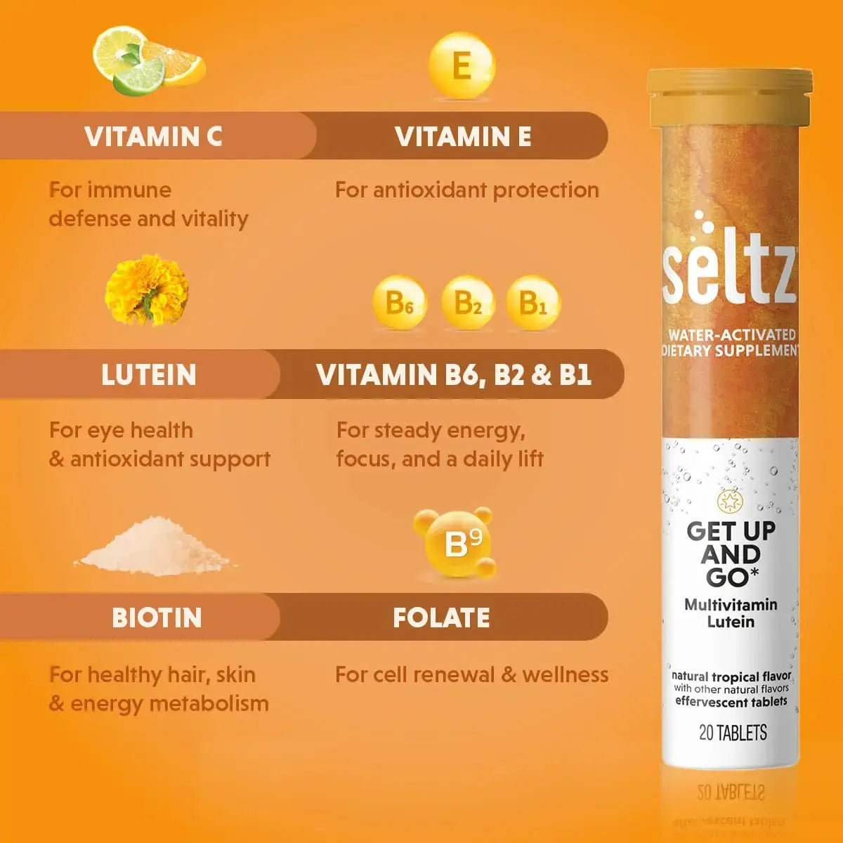 Seltz® Get Up and Go – Effervescent Multivitamin with Lutein for Daily Energy, Eye Health & Antioxidant Support Seltz Au supplements
