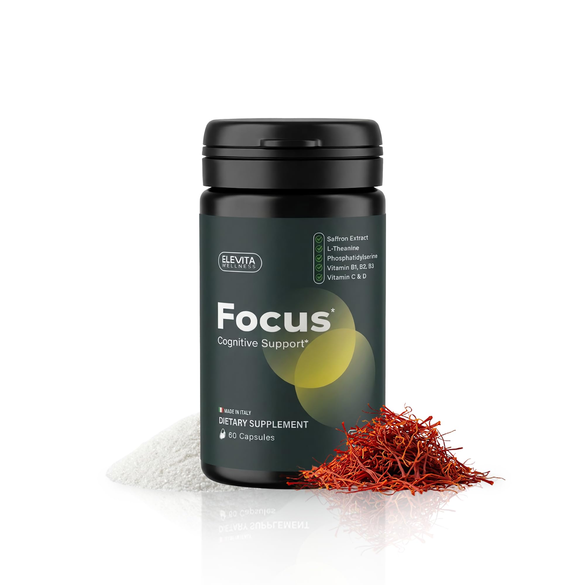 ELEVITA WELLNESS Focus Supplement (Made in Italy) | Premium Blend with L-Theanine, Lion's Mane & B Vitamins, Saffron and Vitamin D | Focus & Cognitive Support for Men & Women