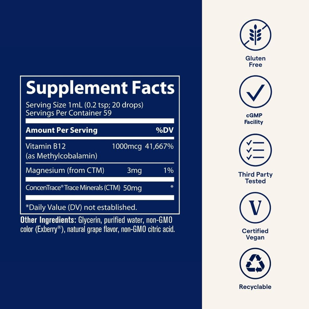 Trace Minerals Ionic B12 - Liquid Multivitamin for Hormone Balance & Healthy Nerve Function - Supports Metabolic Health - Enzyme Production - Natural Wellness Formula - 2 fl oz (59 Servings) Trace Minerals Au supplements