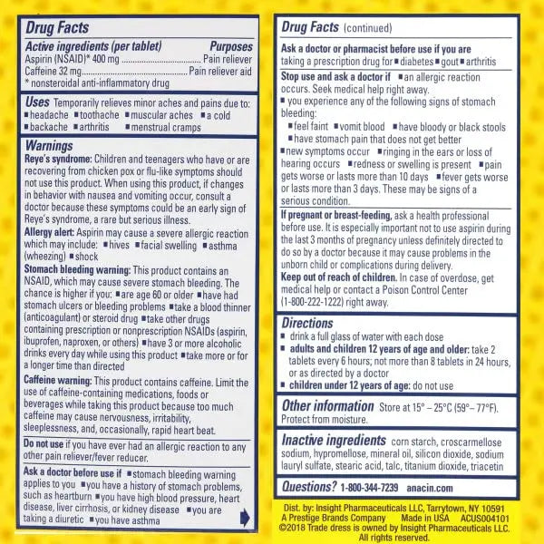 Anacin Fast Pain Relief Pain Reducer Aspirin Tablets, 200 Tabs (Value Pack of 2) ANACIN Au supplements