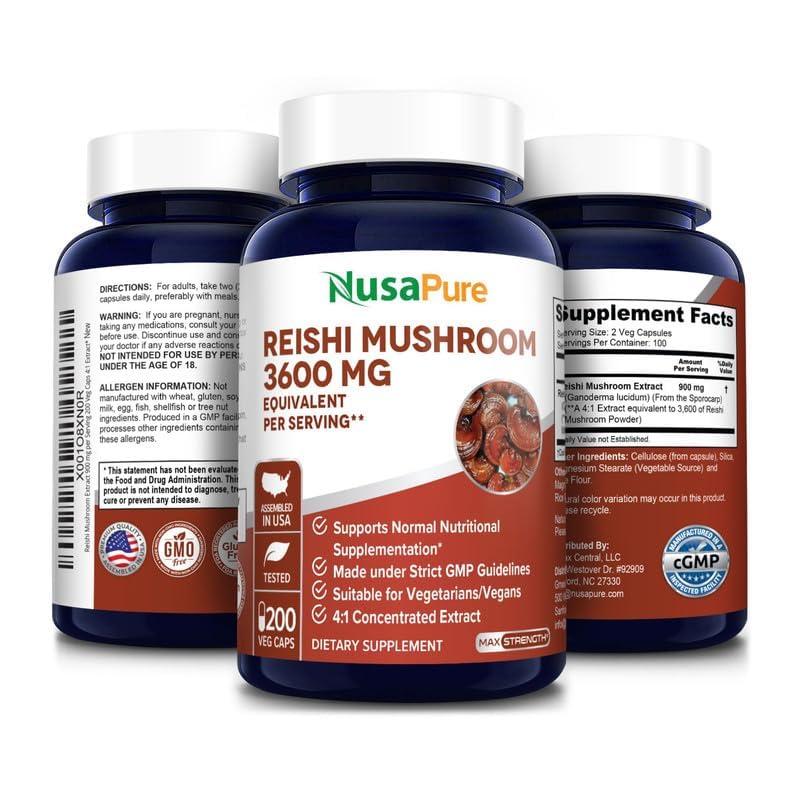 NusaPure Reishi Mushroom 4:1 Extract, 900 mg Equivalent to 3,600mg per Capsule 200 Veggie Caps Vegan, Non-GMO, Gluten-Free NusaPure Au supplements