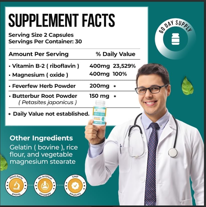 Nature's Nectar Migraine Prevention Feverfew Capsules – PA Free Butterbur Root, Riboflavin 400 mg, Magnesium & Feverfew – Natural Headache Relief & Migraine Supplement – 120 Capsules Nature's Nectar Au supplements