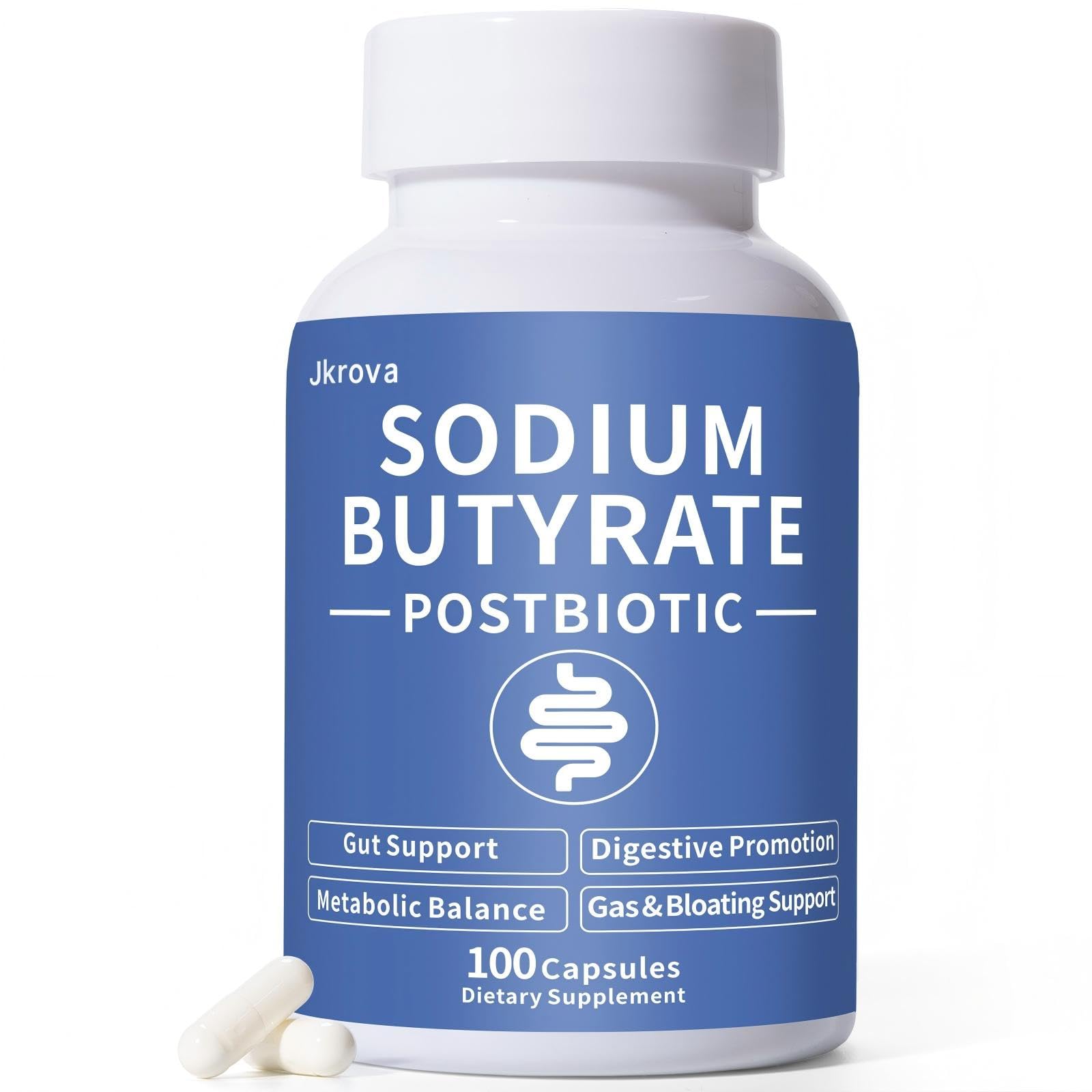 Sodium Butyrate, Butyrate Gut Health Supplement, Postbiotic for Gut, Stomach & Digestive, Support IBS, Leaky Gut, Gas & Bloat, Low Odor, 100 Vegan Capsules Jkrova Au supplements