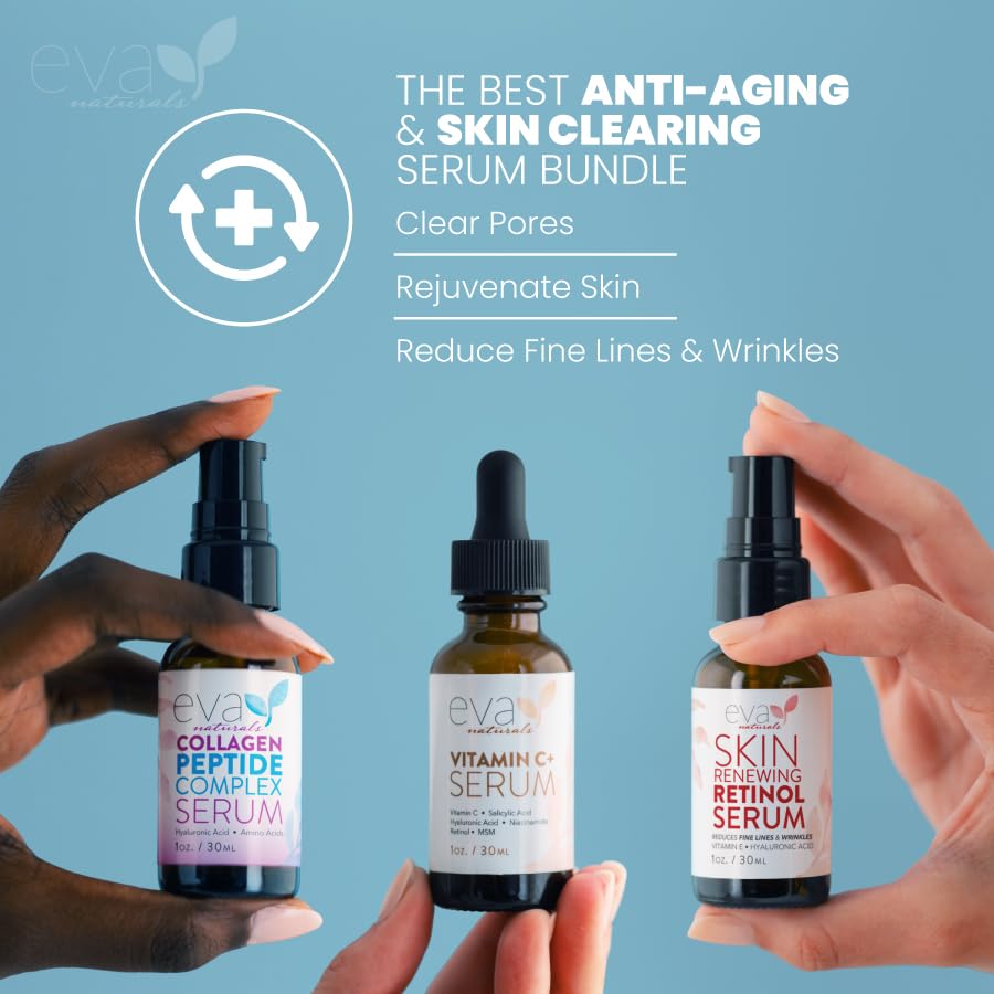 Eva Naturals Trifecta Face Serum Set – Retinol, Vitamin C & Peptides with Hyaluronic Acid & Niacinamide – Anti-Aging Skincare Bundle for Women