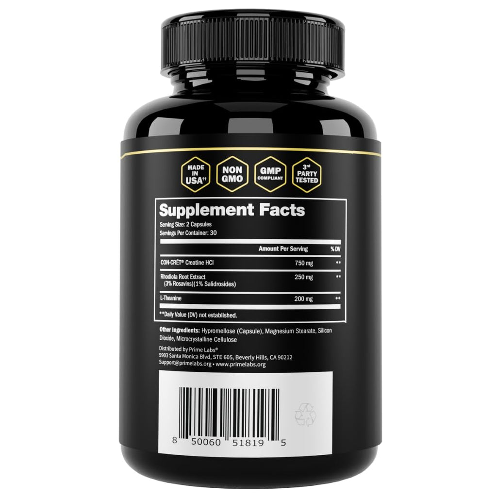 Prime Labs Creatine HCl Capsules - with CON-CRĒT®, Rhodiola Root Extract, & L-Theanine - Muscle Support, Endurance, Cognitive Function - for Men & Women - 60 Pills Prime Labs Au supplements