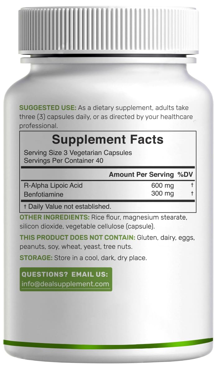 DEAL SUPPLEMENT R Alpha Lipoic Acid 600mg with Benfotiamine 300mg Per Serving, 120 Veggie Capsules – 200mg R-ALA Per Capsule – Antioxidant Supplement