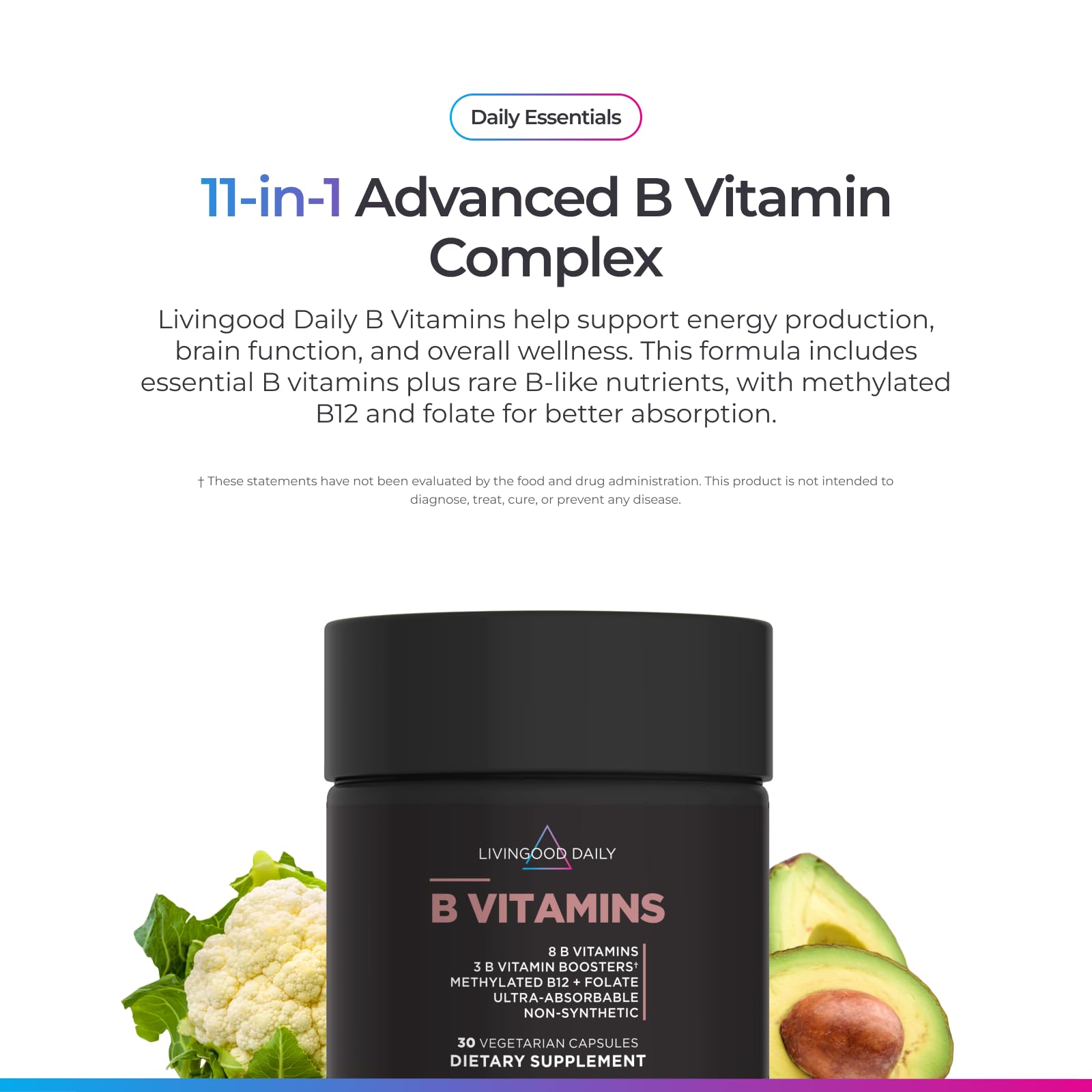 Livingood Daily Vitamin B Complex Capsules for Men and Women, Methylated B12 & Folate, 11 Active Forms Including B1 B2 B3 B5 B6 & Biotin, Gluten Free