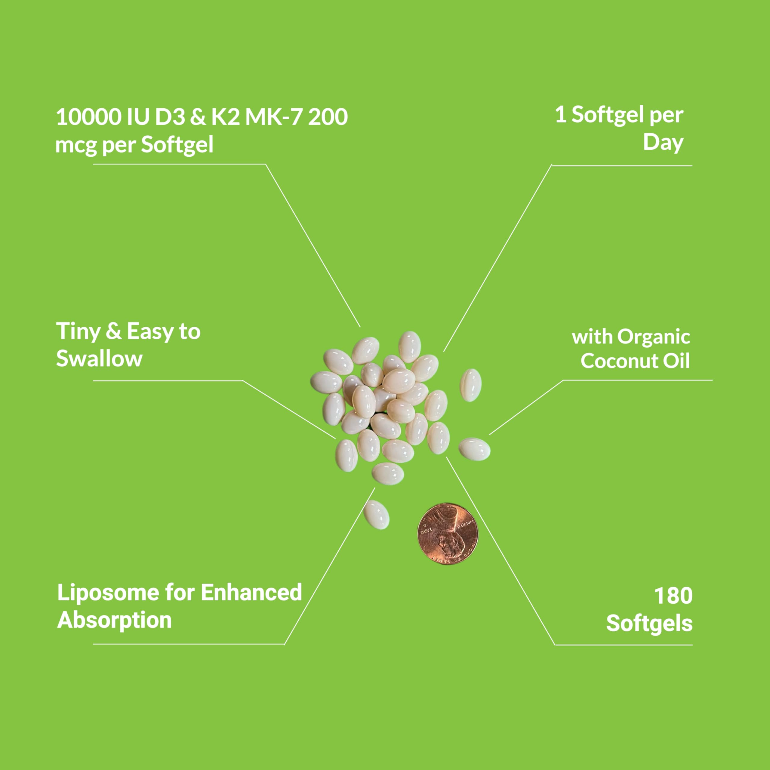 UpNourish Liposomal D3 K2 Vitamin 10000 IU D3 and K2 MK-7 200 mcg - 180 Vitamin D3 k2 (Vitamina D3 con K2) Mini Softgels - Easy to Swallow K2 D3 Vitamin UpNourish Au supplements