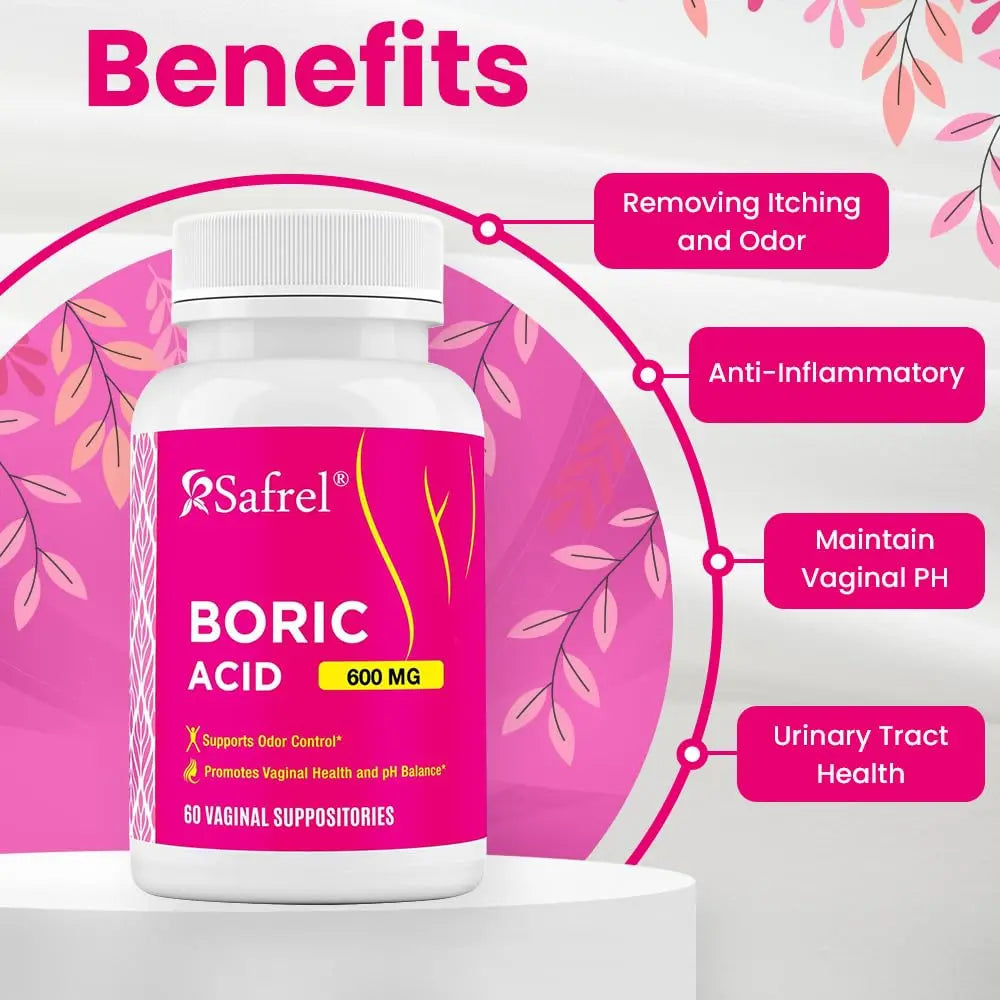 Safrel Boric Acid Vaginal Suppositories - 60 Count (1-Pack) – 100% Pure USA-Made, Supports Intimate Safrel Au supplements