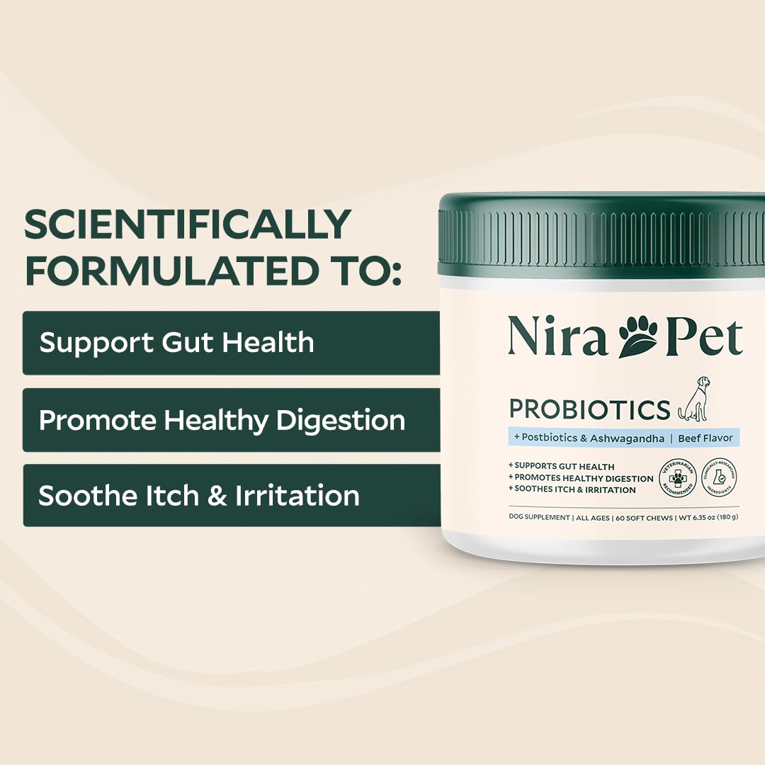 Nira Pet Probiotics for Dogs – 60 Beef-Flavored Chews with Postbiotics, Colostrum, Ashwagandha & Lactobacillus – Supports Gut Health, Immunity, Diarrhea, Gas & Stress Nira Pet Au supplements