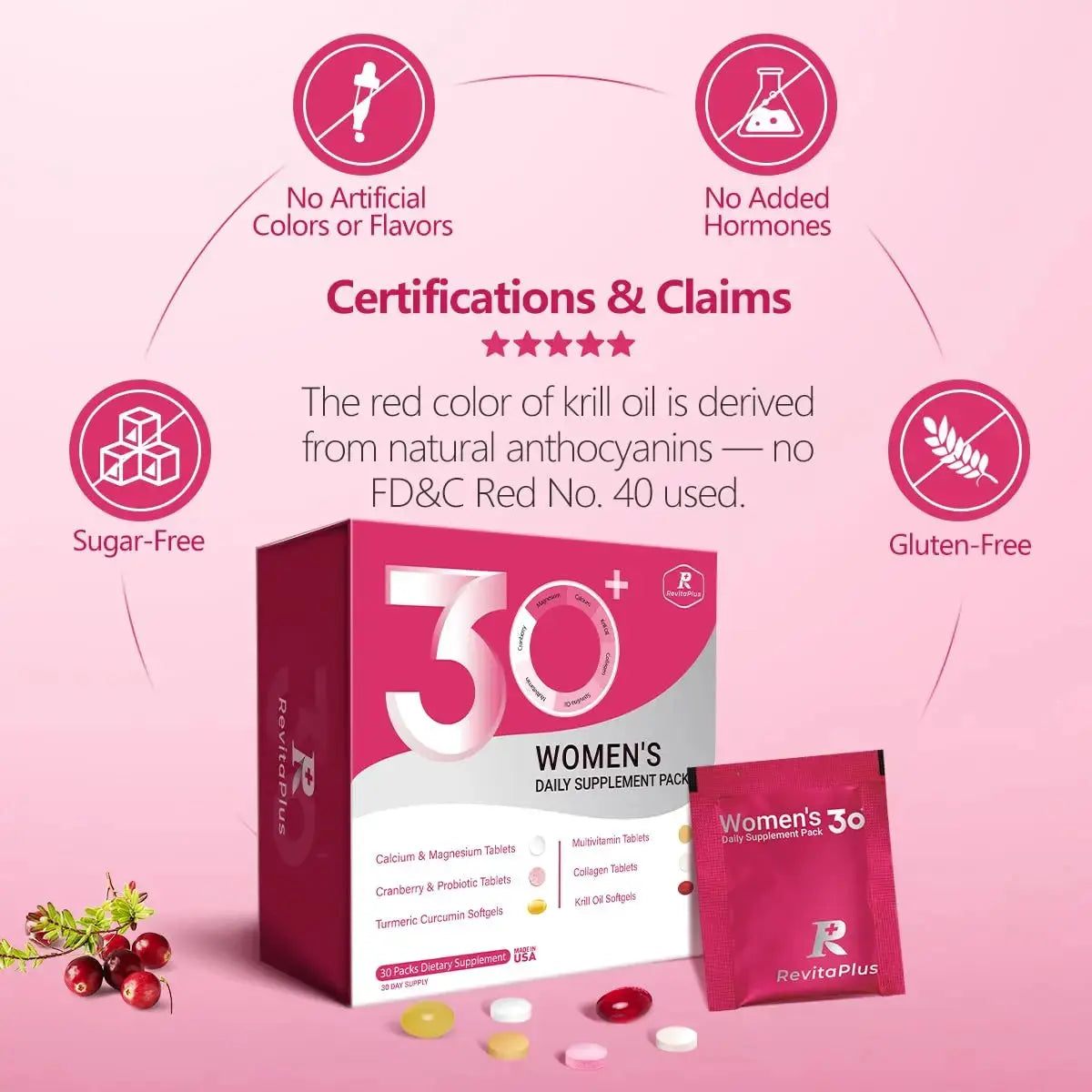 RevitaPlus Multivitamin for Women with Vitamin A,B,C,D3,E,K2,Biotin, Collagen,Krill Oil,Cranberries Supports Energy,Wellness,Beauty and Immune RevitaPlus Au supplements