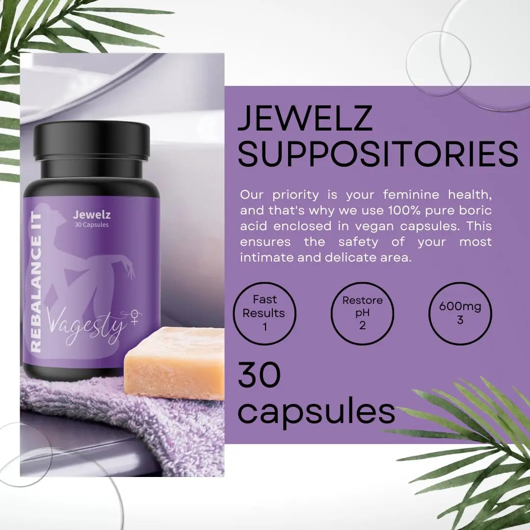 Vagesty Jewelz boric Acid Vaginal Suppositories, 100% Pure boric Acid, rebalance Vaginal pH Vagesty Au supplements