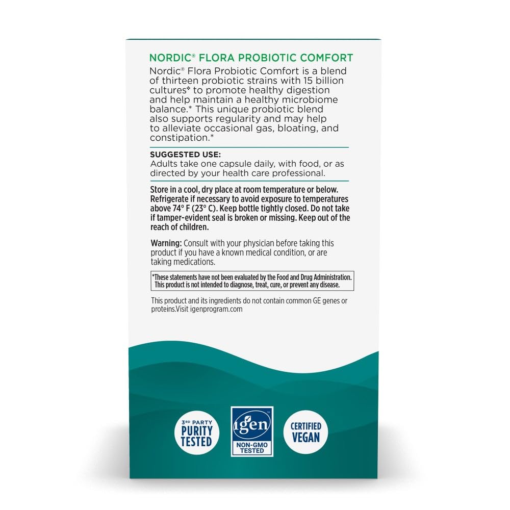 Nordic Naturals Nordic Flora Probiotic Comfort - 30 Capsules - 13 Probiotic Strains w/ 15 Billion Cultures - Supports Regularity & Digestive Comfort, Alleviates Bloating