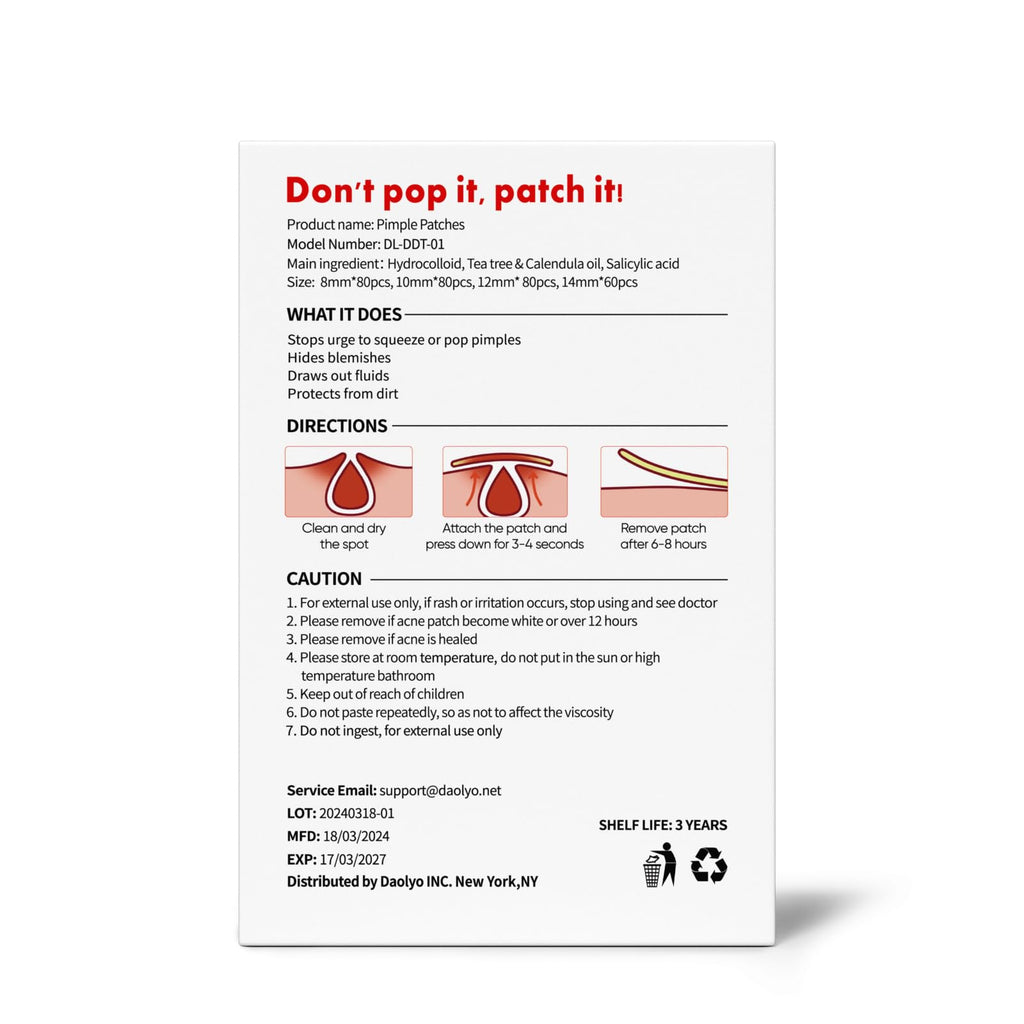 Daolyo Pimple Patches for Face, 4 Size 300 Counts Acne Patches, Hydrocolloid Patches