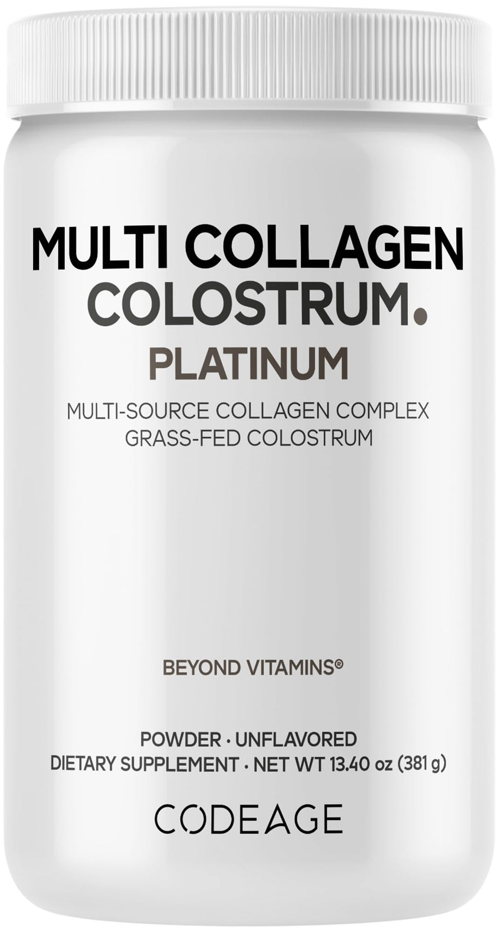 Codeage Multi Collagen Colostrum Powder Platinum - Hydrolyzed Grass-Fed Bovine Collagen Peptides, Grass-Fed Bovine Colostrum Supplement, Vitamin C, Biotin, Hyaluronic Acid, Lactoferrin - 13.4 Oz. Codeage Au supplements