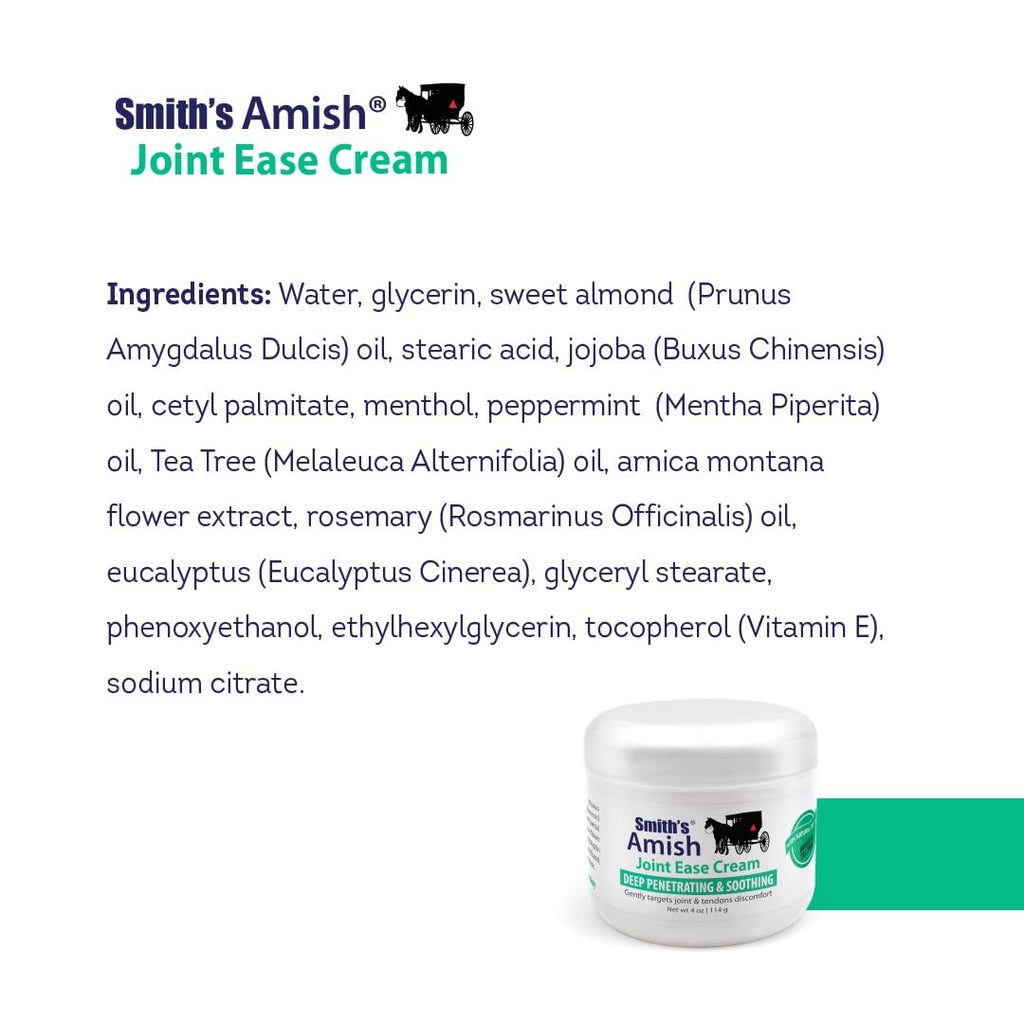 Smith’s Amish Joint Ease Cream 4 oz jar. Soothing and Cooling, with Botanicals of Arnica, Peppermint, Tea Tree, Rosemary and Eucalyptus Smith Amish Au supplements