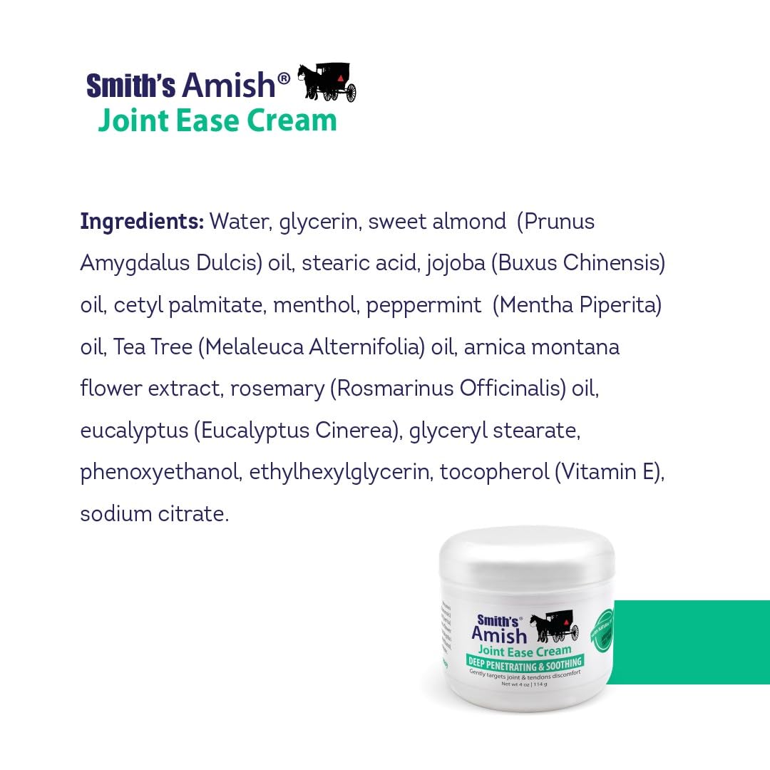 Smith’s Amish Joint Ease Cream 4 oz jar. Soothing and Cooling, with Botanicals of Arnica, Peppermint, Tea Tree, Rosemary and Eucalyptus Smith Amish Au supplements