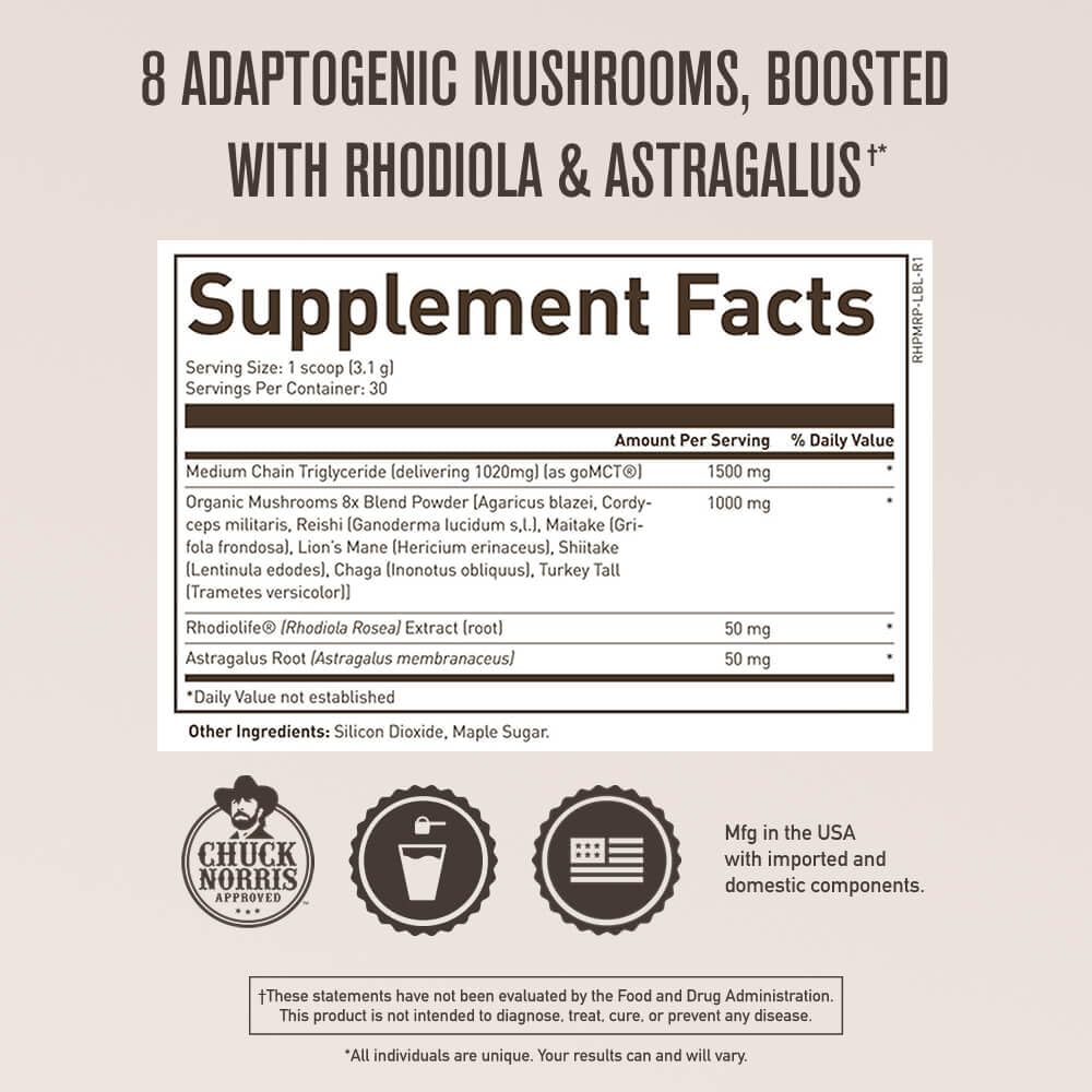 ROUNDHOUSE PROVISION Qi Master Adaptogen Blend, Earthy Mushroom Flavor with Astragalus Root, Rhodiolife Extract, MCT, 8 Organic Mushrooms (30 Scoops) by Chuck Norris ROUNDHOUSE PROVISION Au supplements