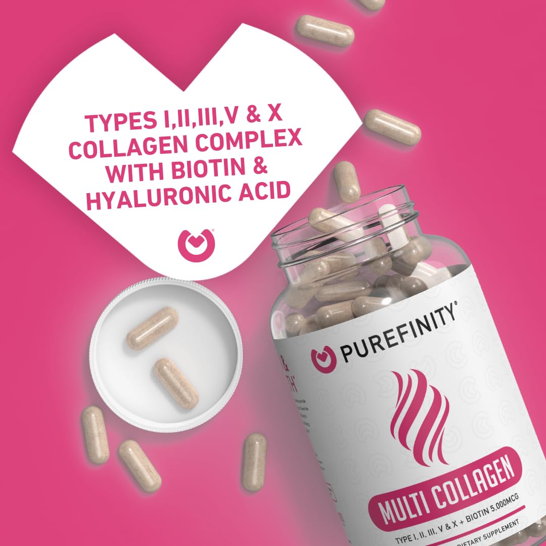 PUREFINITY Collagen Peptides for Women – Type I, II, III, V & X with Biotin & Hyaluronic Acid, Supports Healthy Skin, Bones, Hair & Nails – Non-GMO, Grass-Fed (90 Capsules, 1 Month Supply) PUREFINITY Au supplements