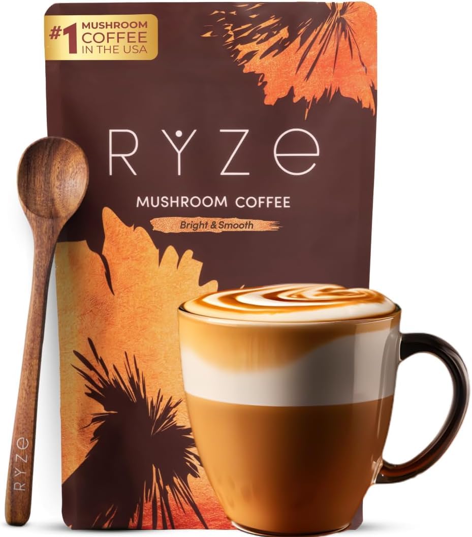 RYZE SUPERFOODS Mushroom Medium Roast Coffee USDA Organic with 6 Adaptogenic Mushrooms, USA Grown Instant Coffee for Better Energy