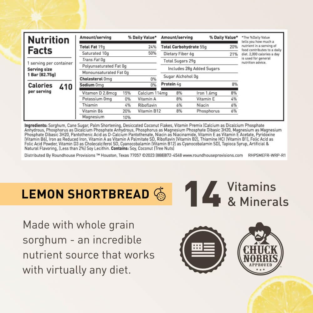 Roundhouse Provisions by Chuck Norris Emergency Food Bars - High Calorie Lemon Shortbread, 14 Vitamins & Minerals - Whole Grain Sorghum, 5-Year Shelf Life - Survival Rations for Crisis & Adventure ROUNDHOUSE PROVISION Au supplements