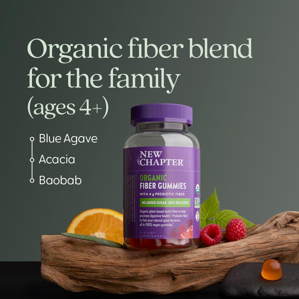 New Chapter Organic Fiber Gummies for Adults & Kids (Age 4+), Plant-Based Prebiotic Fiber for Digestive Health, Vegan, Non-GMO, USDA Organic