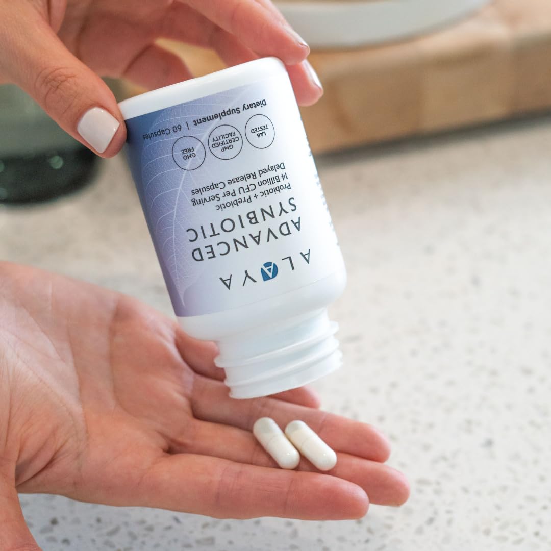 Alaya Naturals Advanced Synbiotic - Probiotic + Prebiotic - 14 Billion CFU Delayed Release Probiotic Supplement with Prebiotics from Sunfiber®, and L-glutamine for Gut Lining Integrity - 60 Capsules