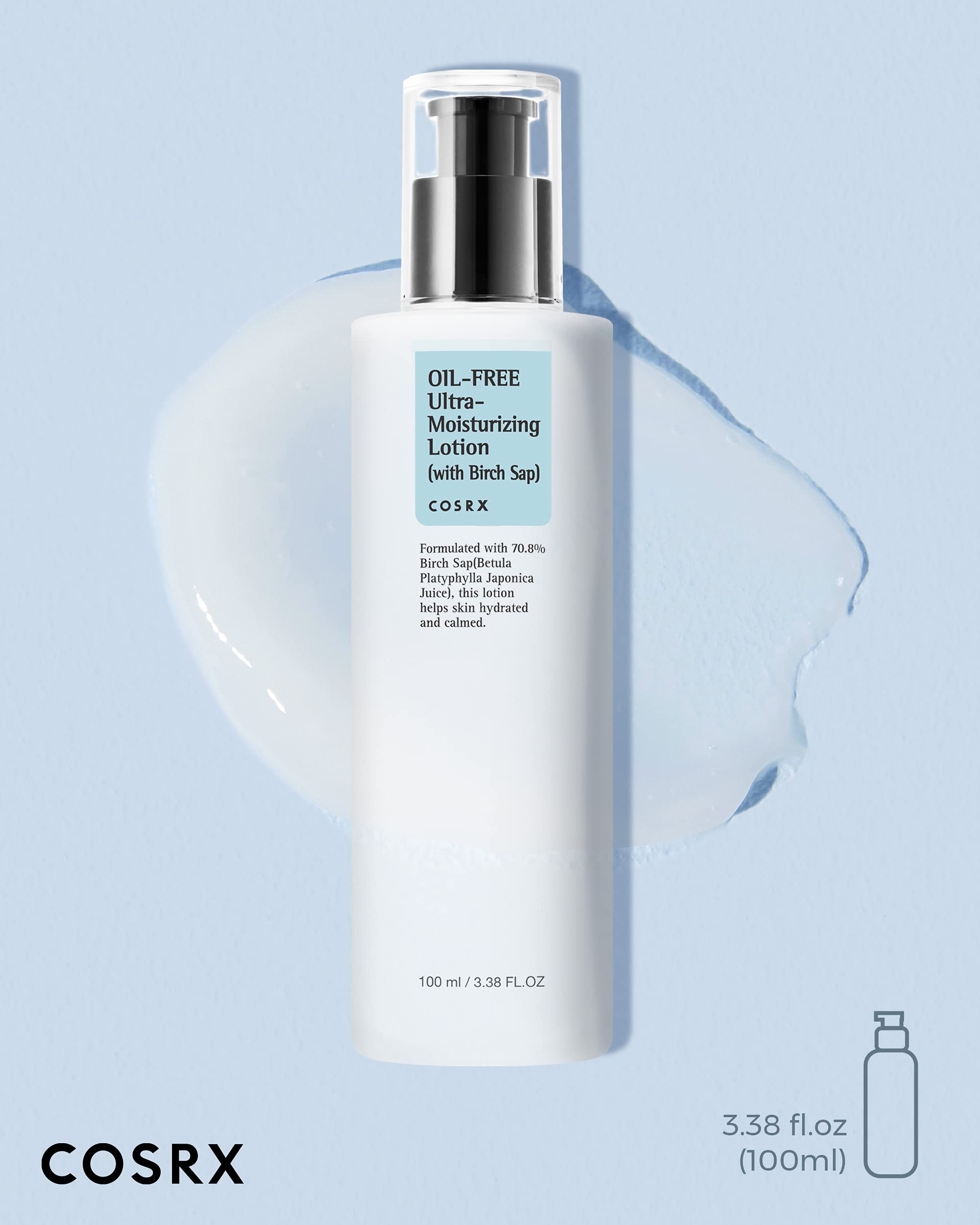 COSRX Oil Free Lotion with Birch Sap, Daily Acne Facial Moisturizer, Hydrating Moisturizer for All Skin Types, Korean Skin Care, 3.38 fl.oz / 100ml