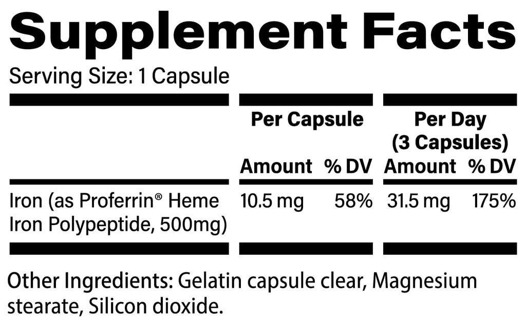Proferrin Clear Heme Iron Supplement, 90 Capsules- Superior Absorption, Easy on The Gut, Natural, Made in The US