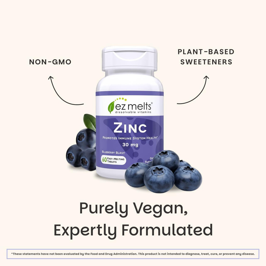 EZ Melts Zinc - Supplement for Immune, Digestive & Skin Health Support - Non-GMO, Vegan & Gluten-Free - Blueberry Blast