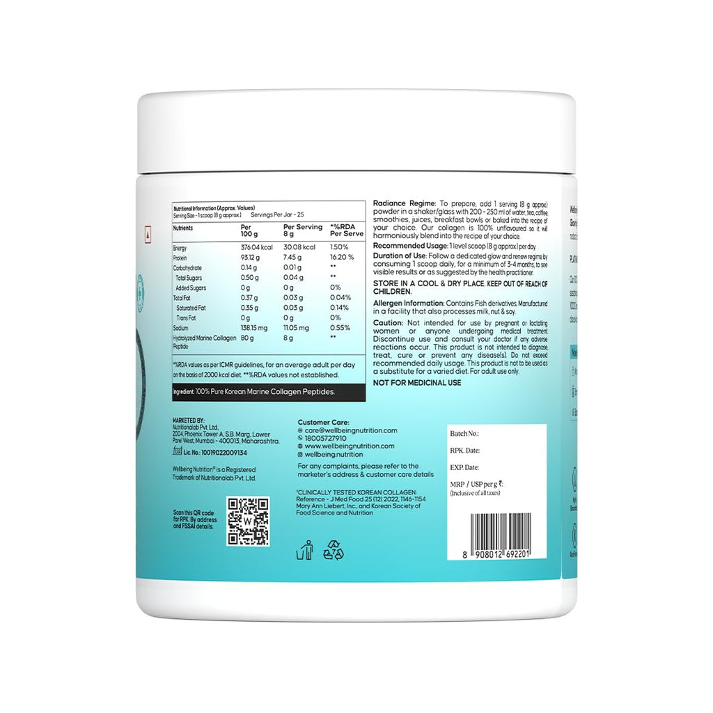 WELLBEING NUTRITION Pure Korean Marine Collagen Supplements for Women & Men, 200g | Hydrolyzed Collagen Powder and Amino Acids | Supports Healthy Skin, Hair, Nails, Bone & Joint | Unflavored WELLBEING NUTRITION Au supplements