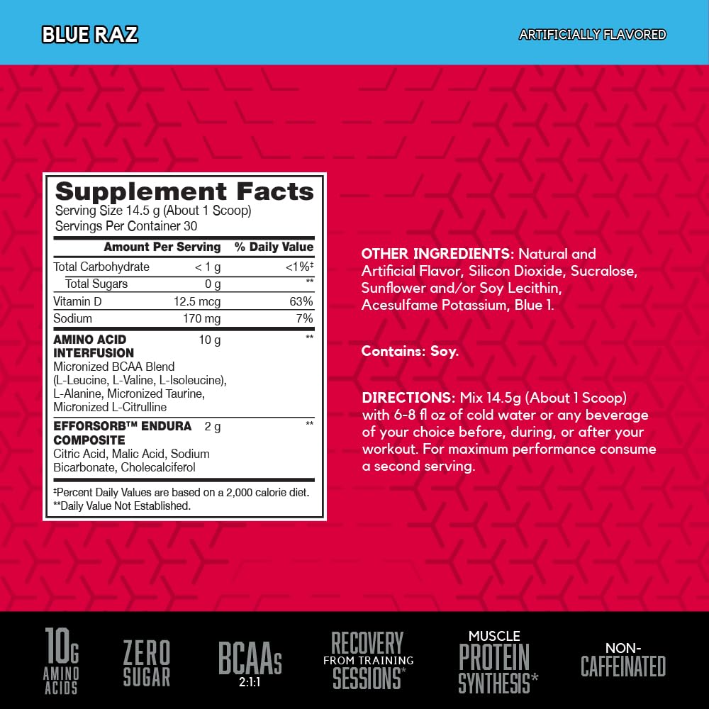 BSN Amino X Muscle Recovery & Endurance Powder with BCAAs, 10 Grams of Amino Acids, Keto Friendly, Caffeine-Free, Support Endurance, Zero Sugar, Blue Raz,