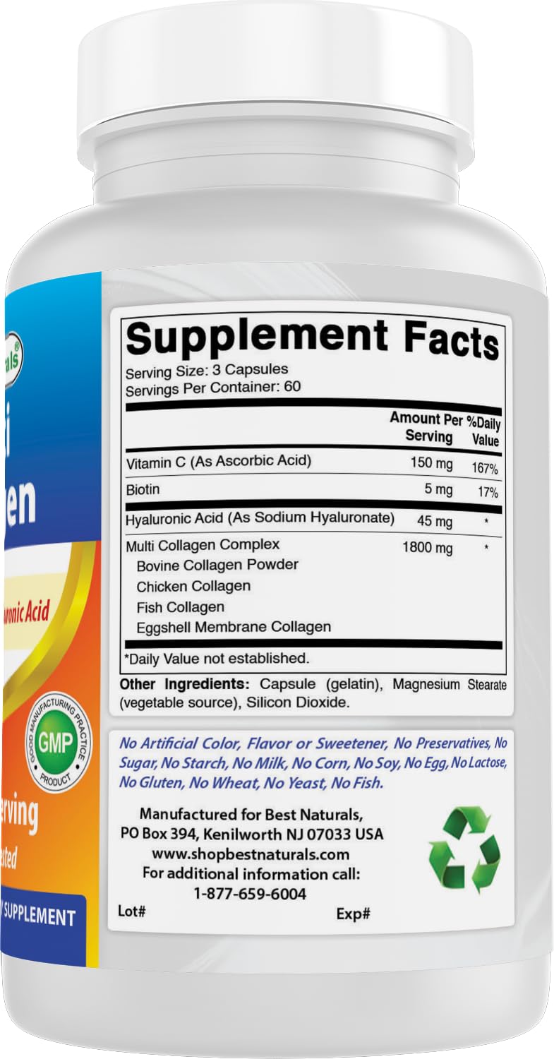 Best Naturals Multi Collagen Pills 2000mg for Women & Men - Hydrolyzed Collagen Peptides Capsules for Hair Skin and Nails with Types I