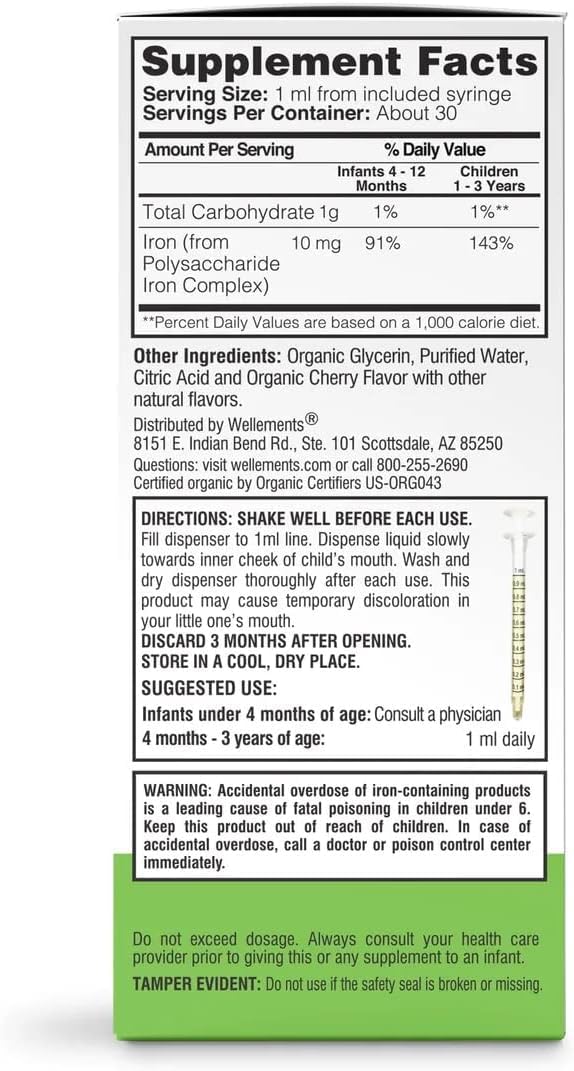 Wellements Organic Iron Drops for Newborn+ Babies (1 Fl Oz) - Cherry Flavor Liquid Iron Supplement for Infants - Toddler Iron Supplement for Kids (4months+ to 3 Years)
