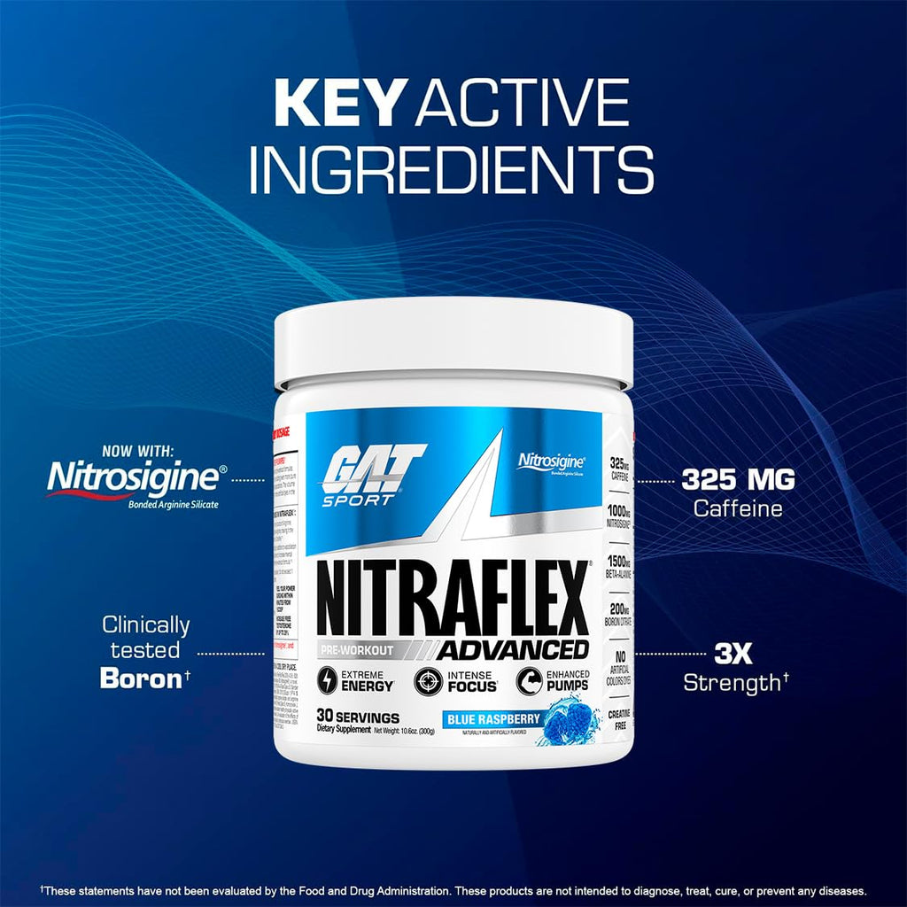 GAT SPORT Nitraflex Advanced Pre-Workout Powder, Increases Blood Flow, Boosts Strength and Energy, Improves Exercise Performance, (Blue Raspberry, 30 Servings)