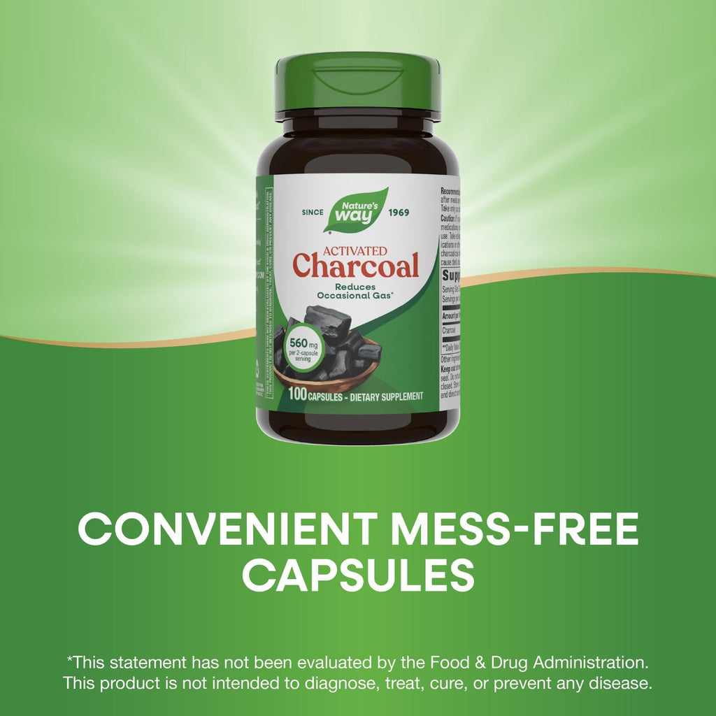 Nature's Way Activated Charcoal, Binds Unwanted Materials and Gas in the Digestive Tract*, 560 mg per 2-Capsule Serving,