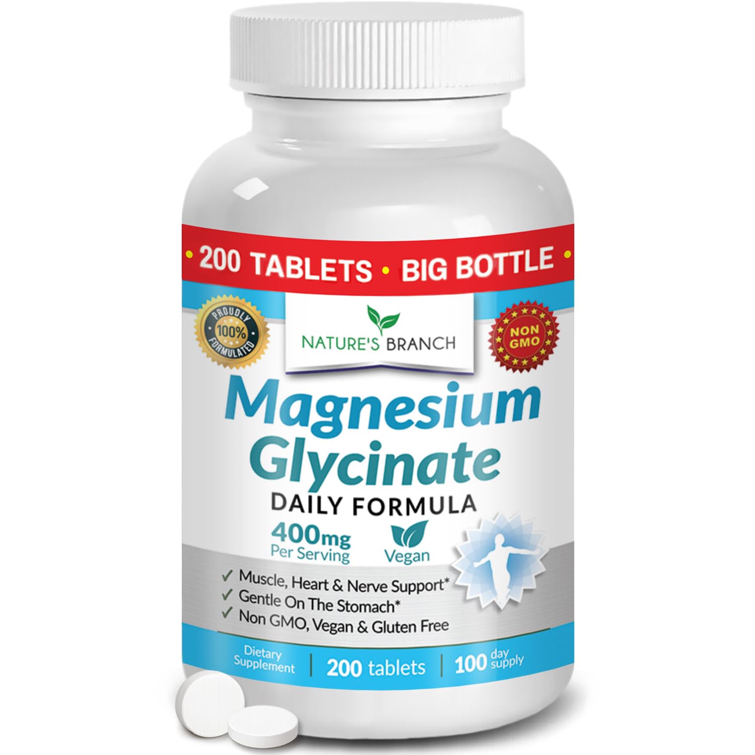 Magnesium Glycinate 400mg | 200 Tablets | High Absorption Mag Supplements for Sleep, Leg Cramps, Heart, Muscle, Calm | Non Buffered Bisglycinate, Extra Strength for Women and Men, Tablets Not Capsules NATURE'S BRANCH Au supplements